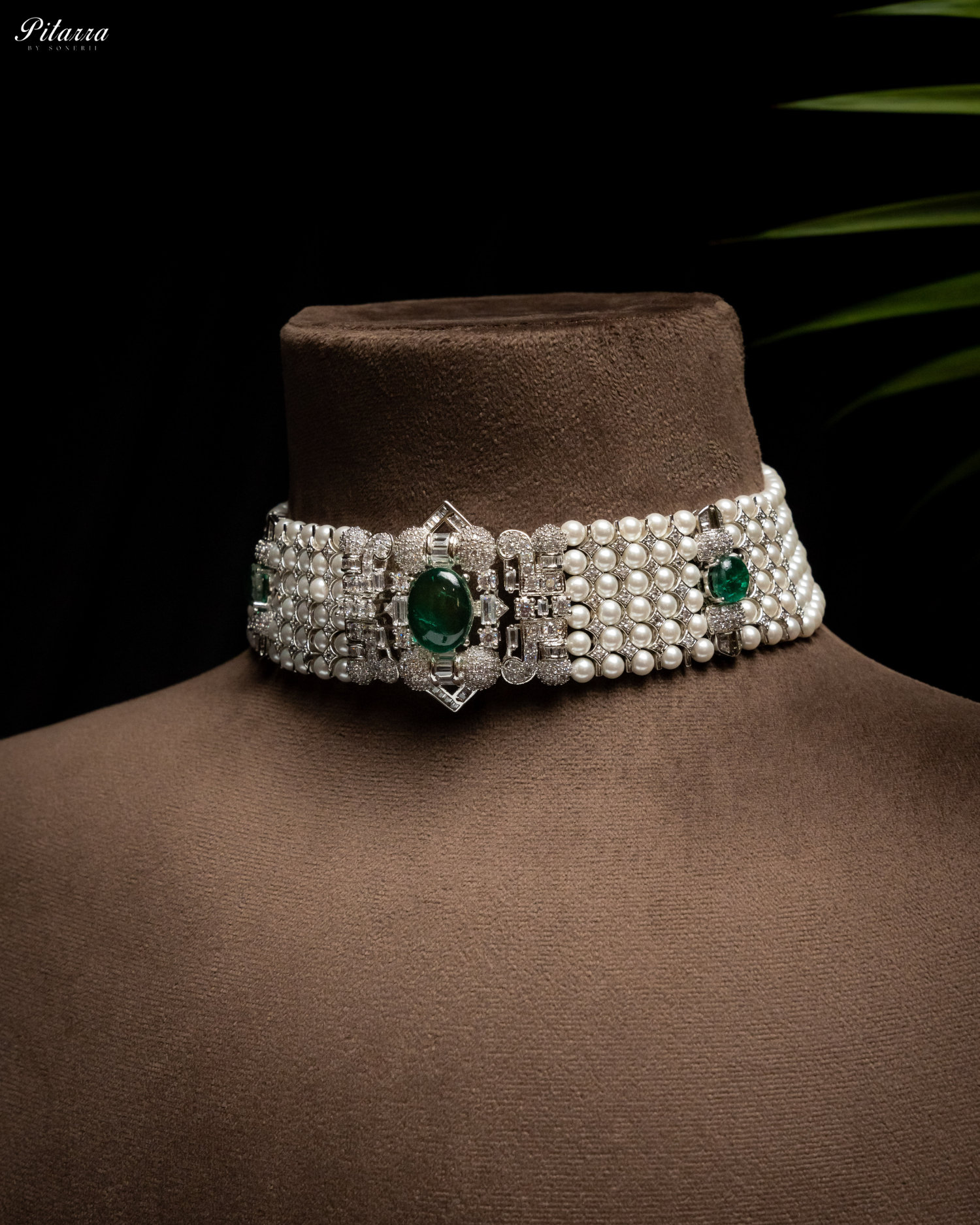 Green Carved Doublet and Pearl Choker