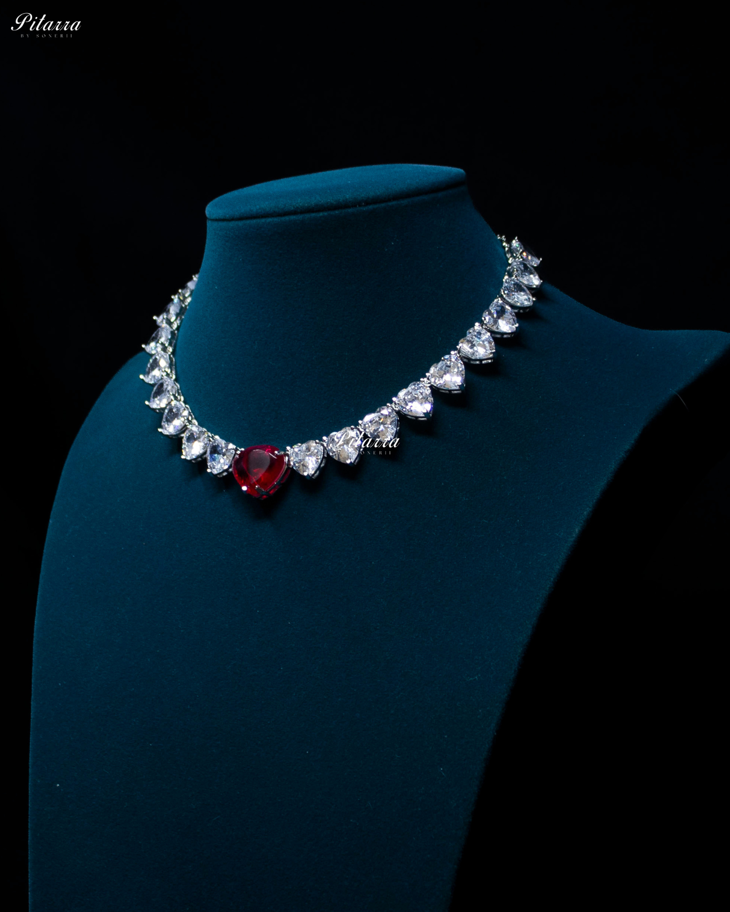 Red Stone White Heartline Zircon Necklace Set