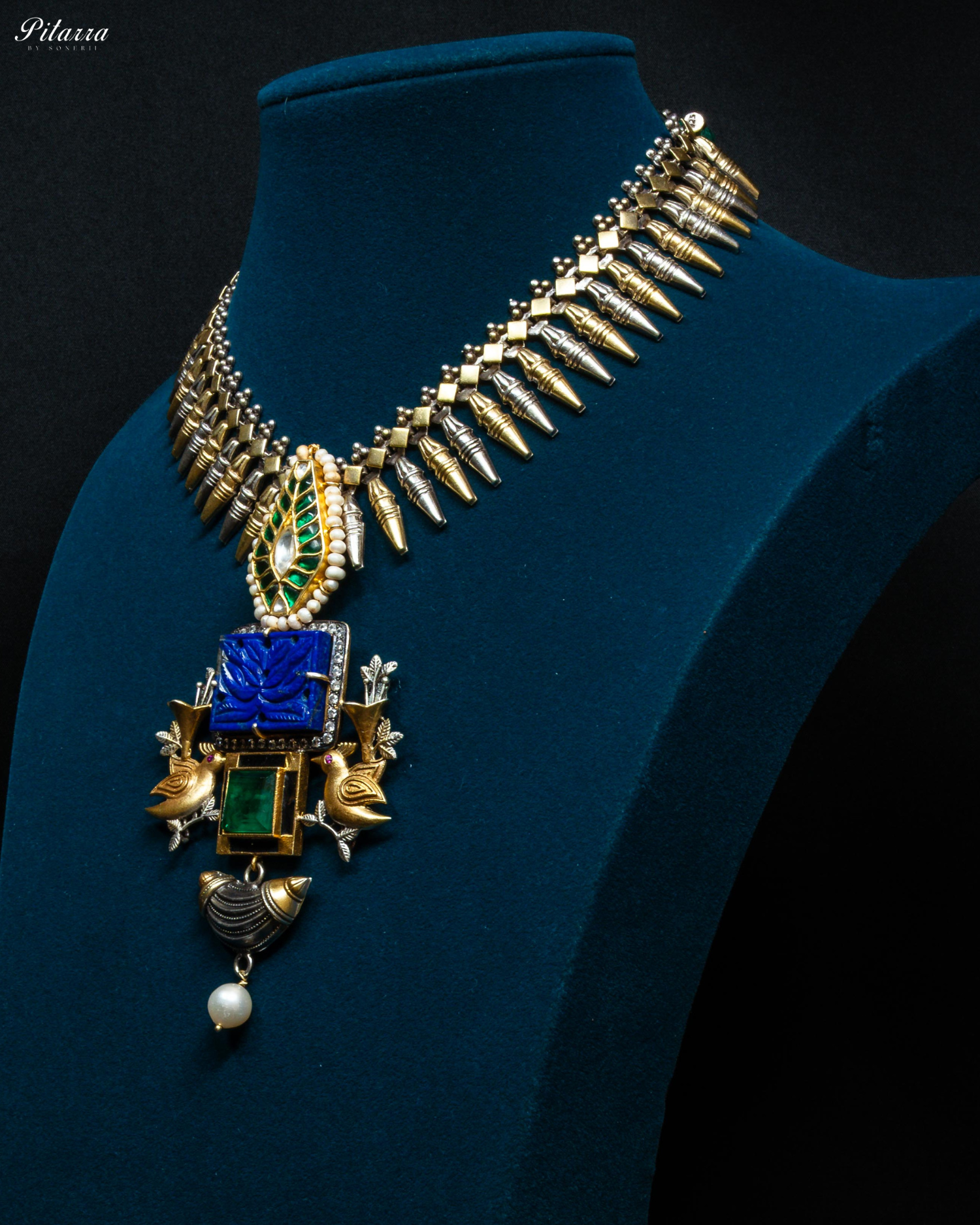 Two Tone Blue Stone 92.5 Silver necklace Set