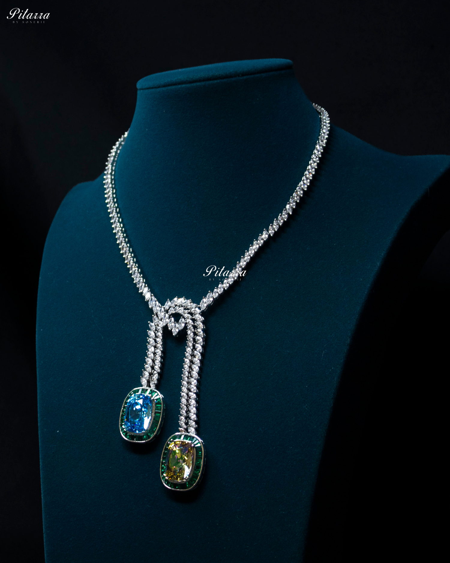 Green Blue Two Square Silver Line Crystal Necklace Set