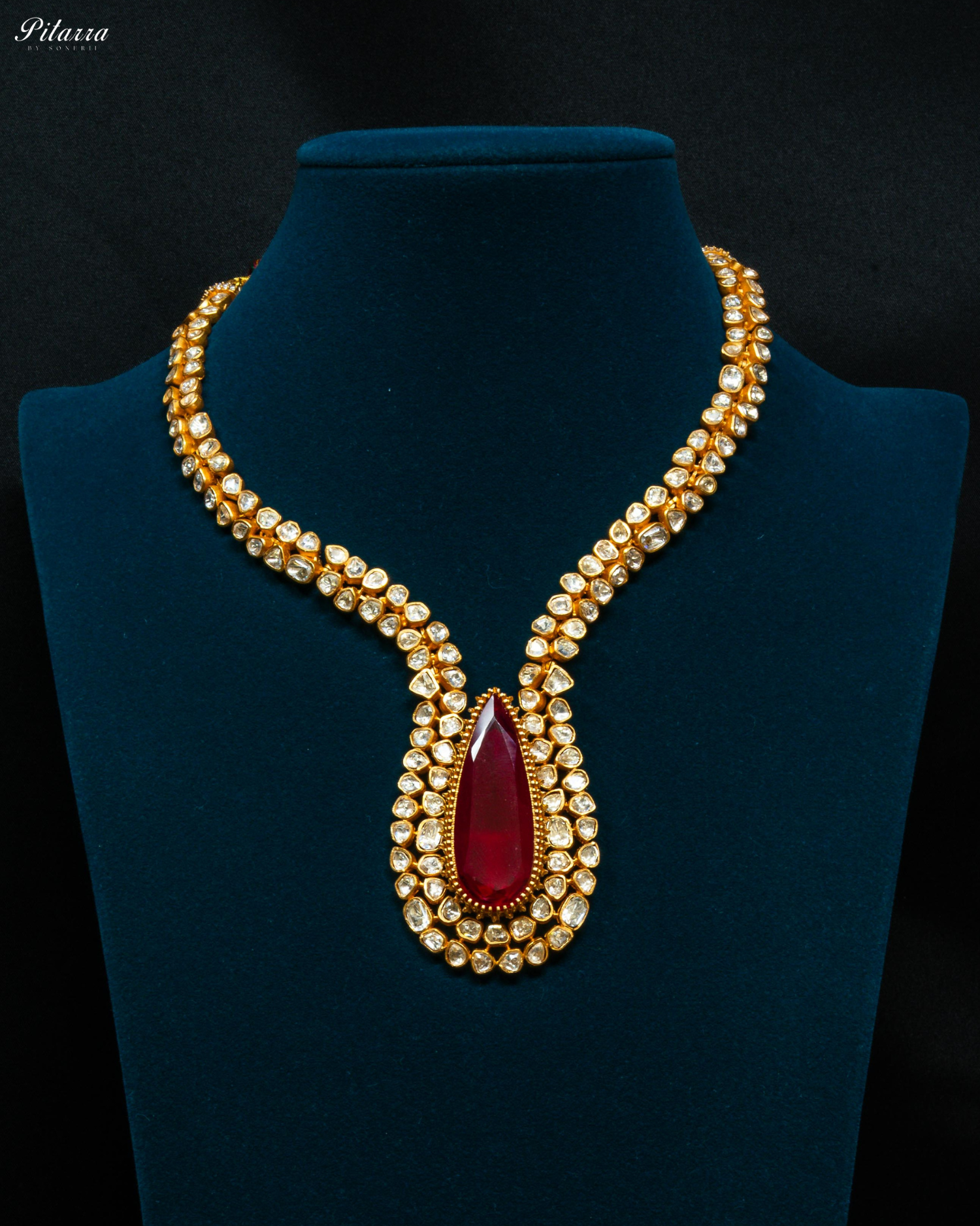 Red Stone Golden Pachi Kundan Necklace Set