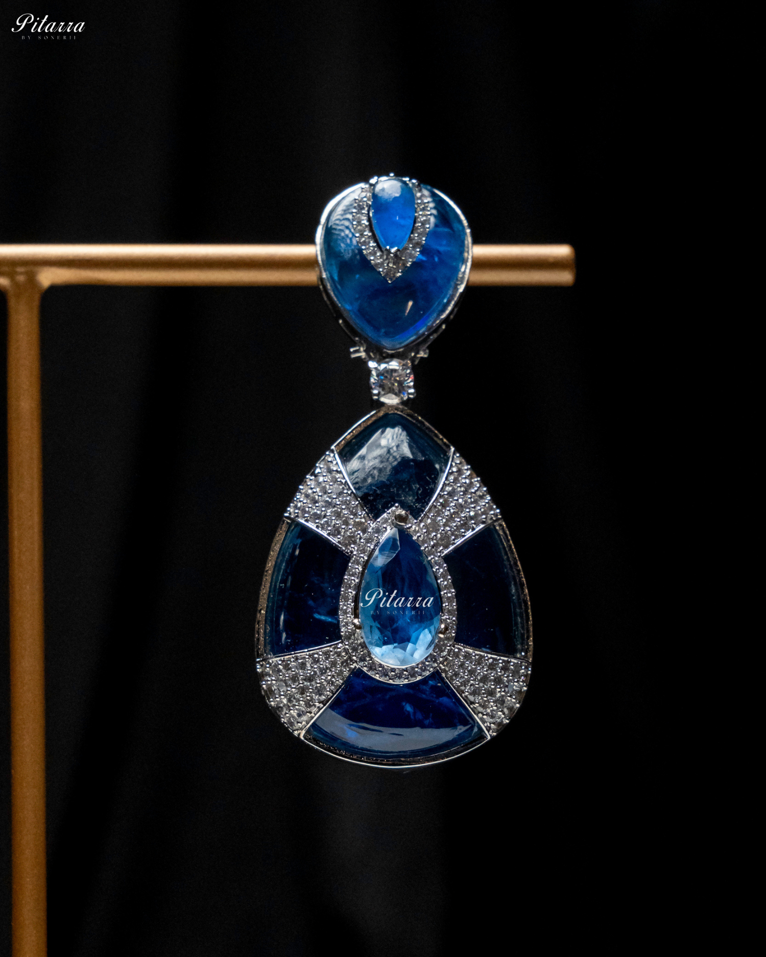 Blue Stone Blue Drop Silver Line Crystal Dangler Earrings