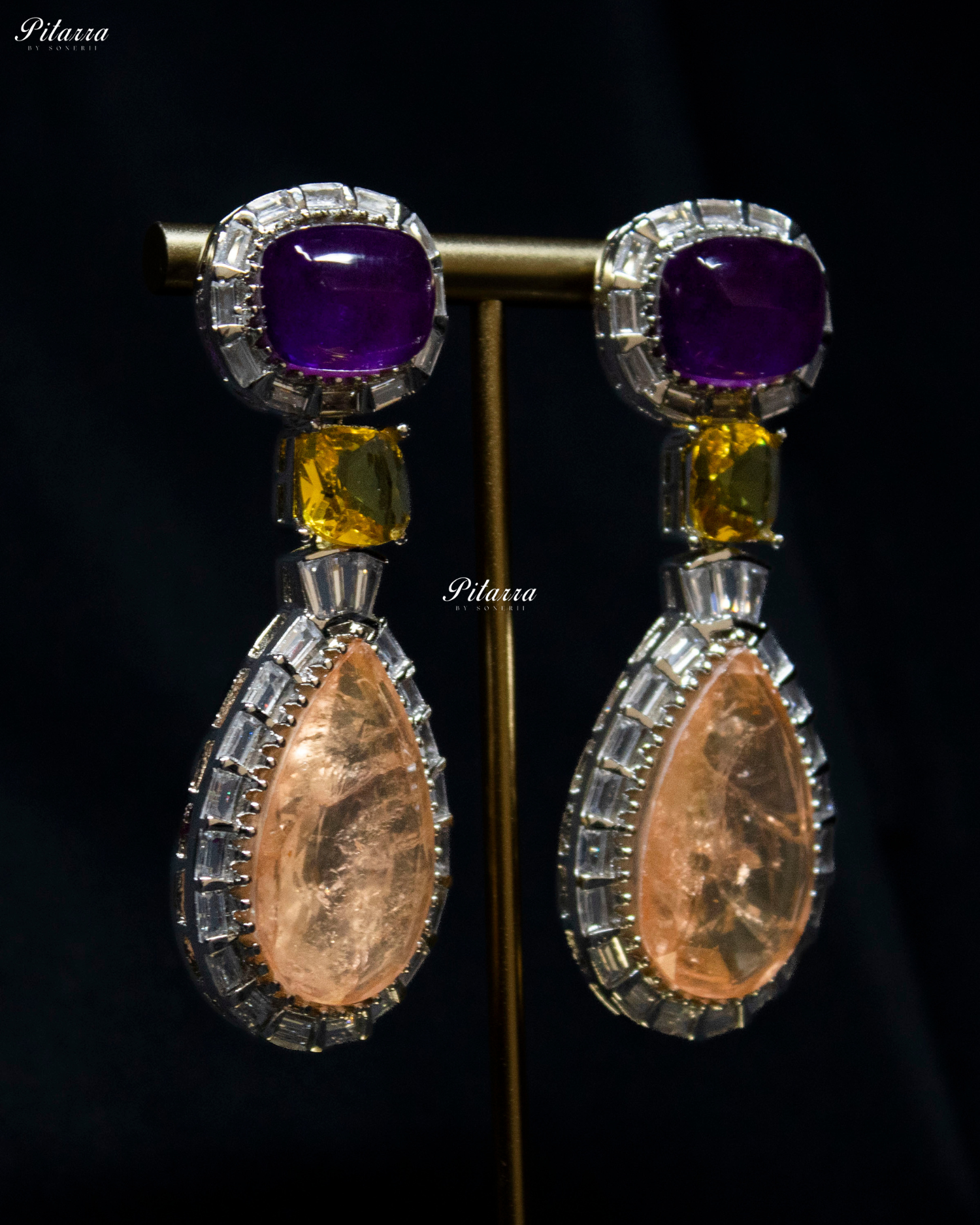 Silver Finish Peach Drop Zircon Earrings