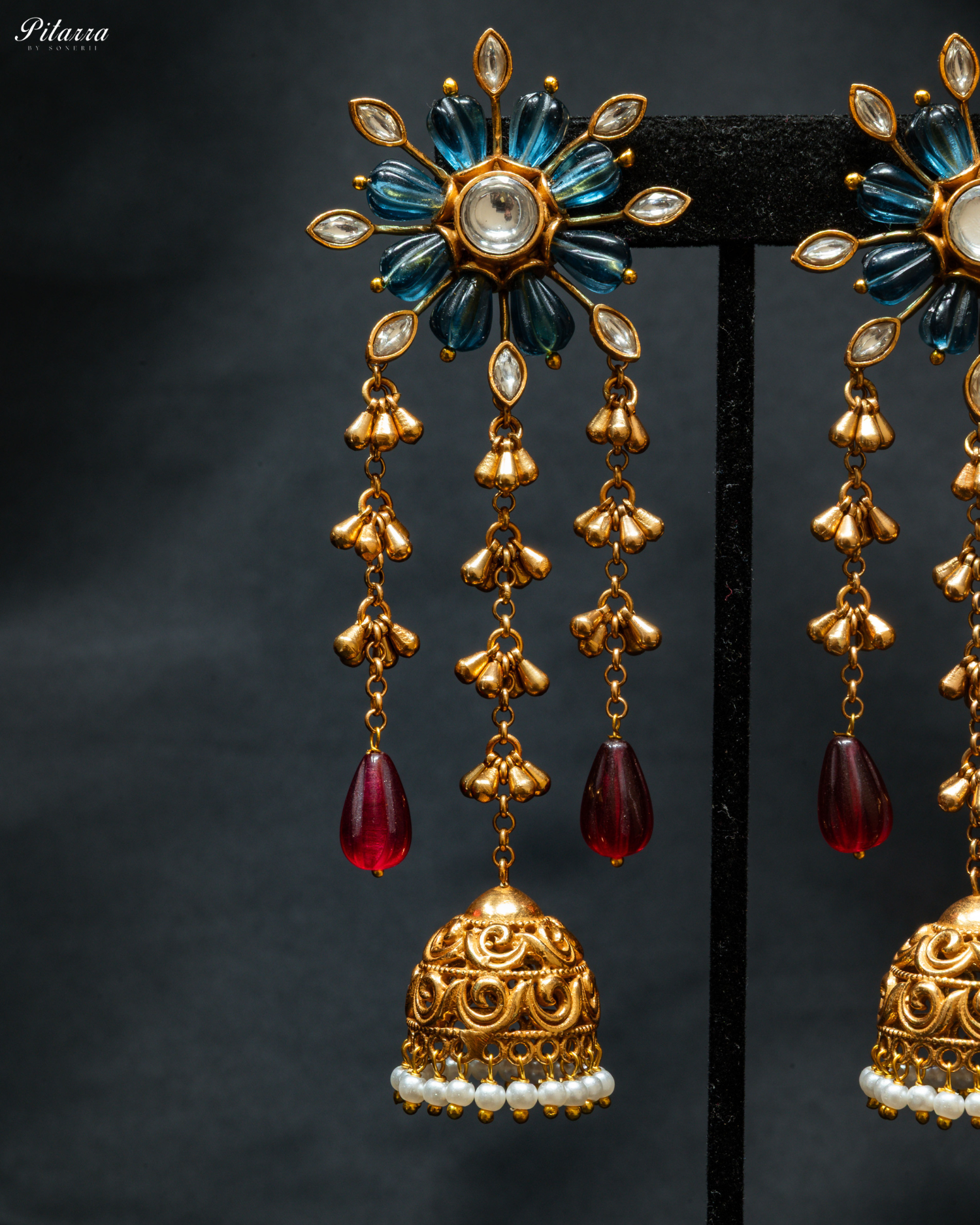Gold Plated Blue Flower Kundan Chandbali Earrings