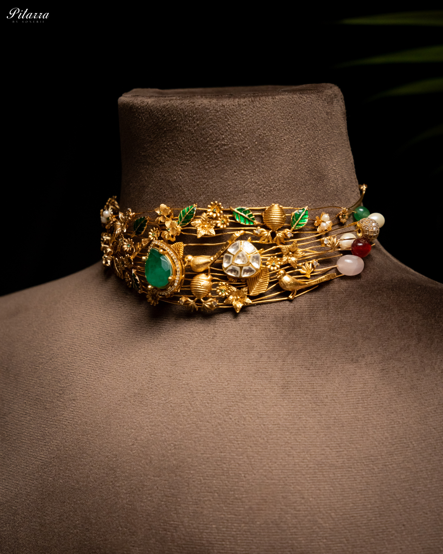 Golden Leaf With Green Crystals Choker Set
