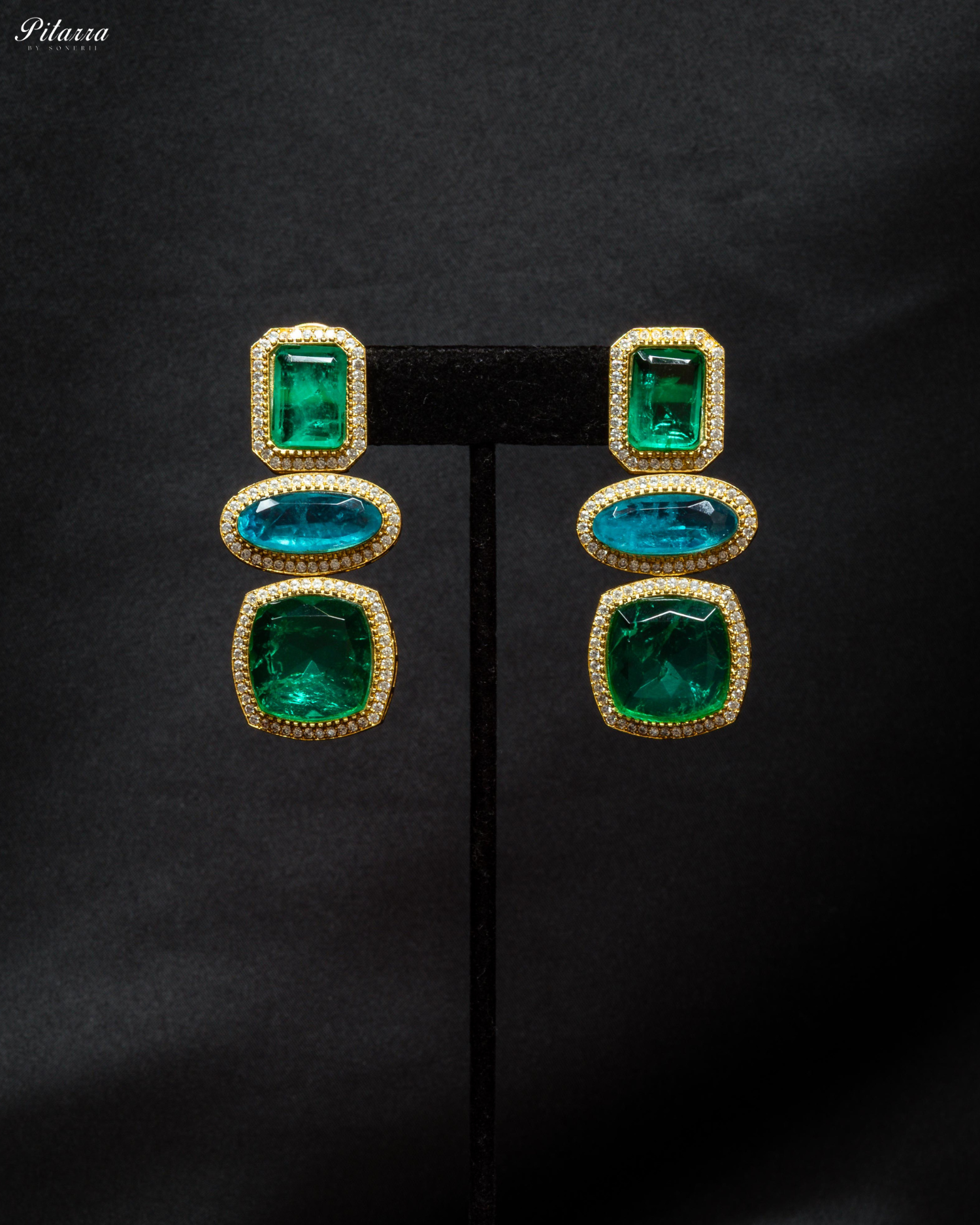Green Golden Cubic Zircon Dangler Earrings