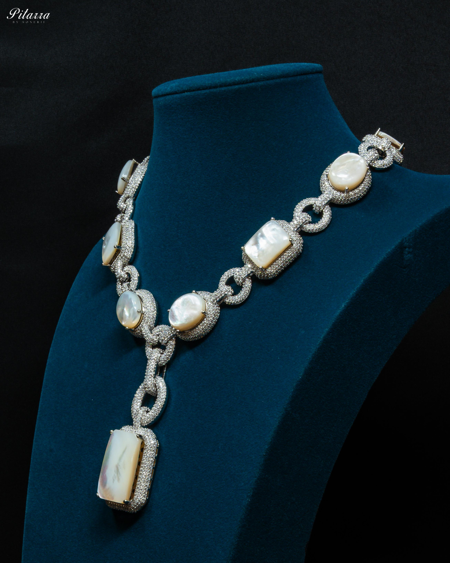 White Stone Silver Chain Long Necklace Set