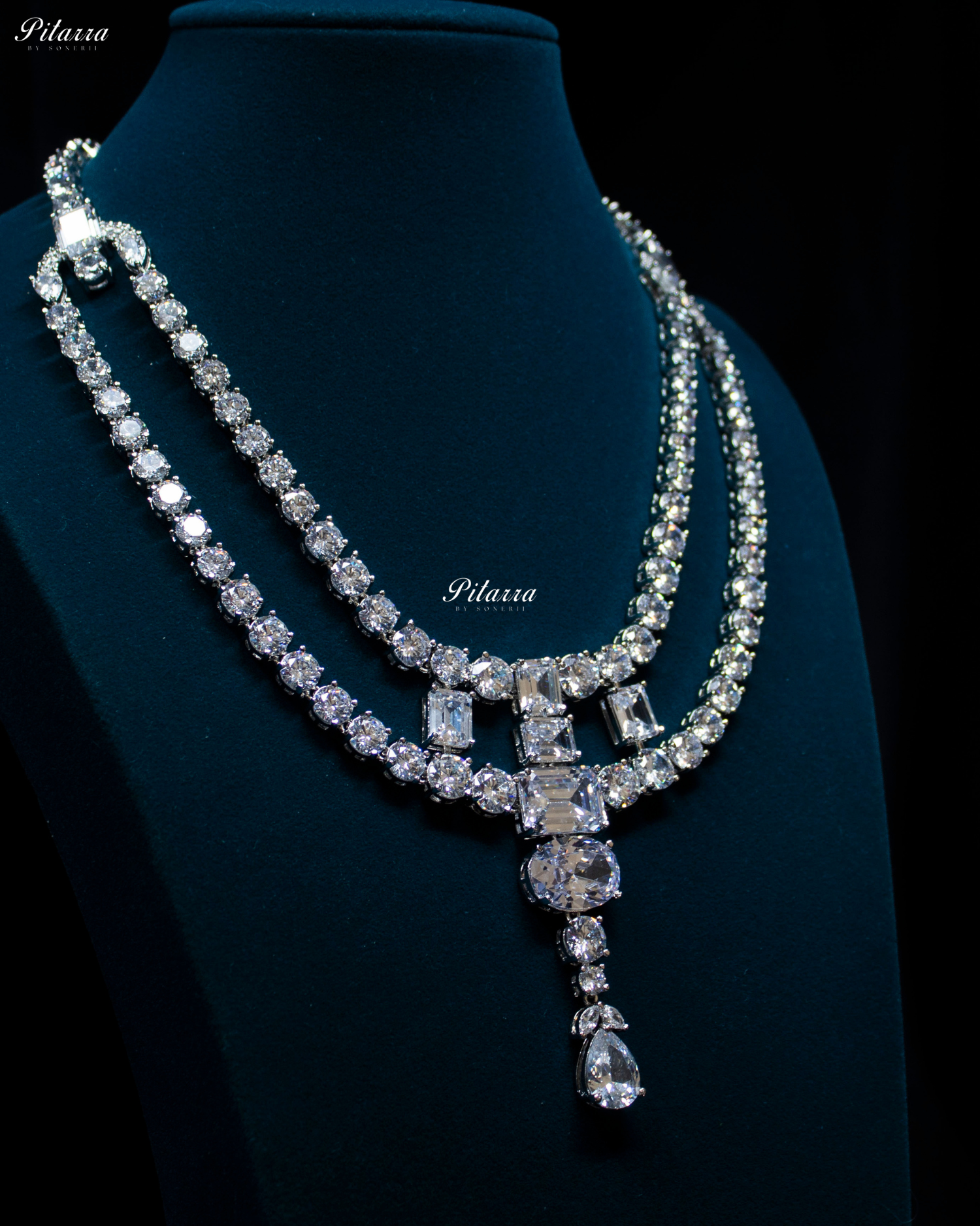 White Crystal Longe Maharani Statement Necklace Set