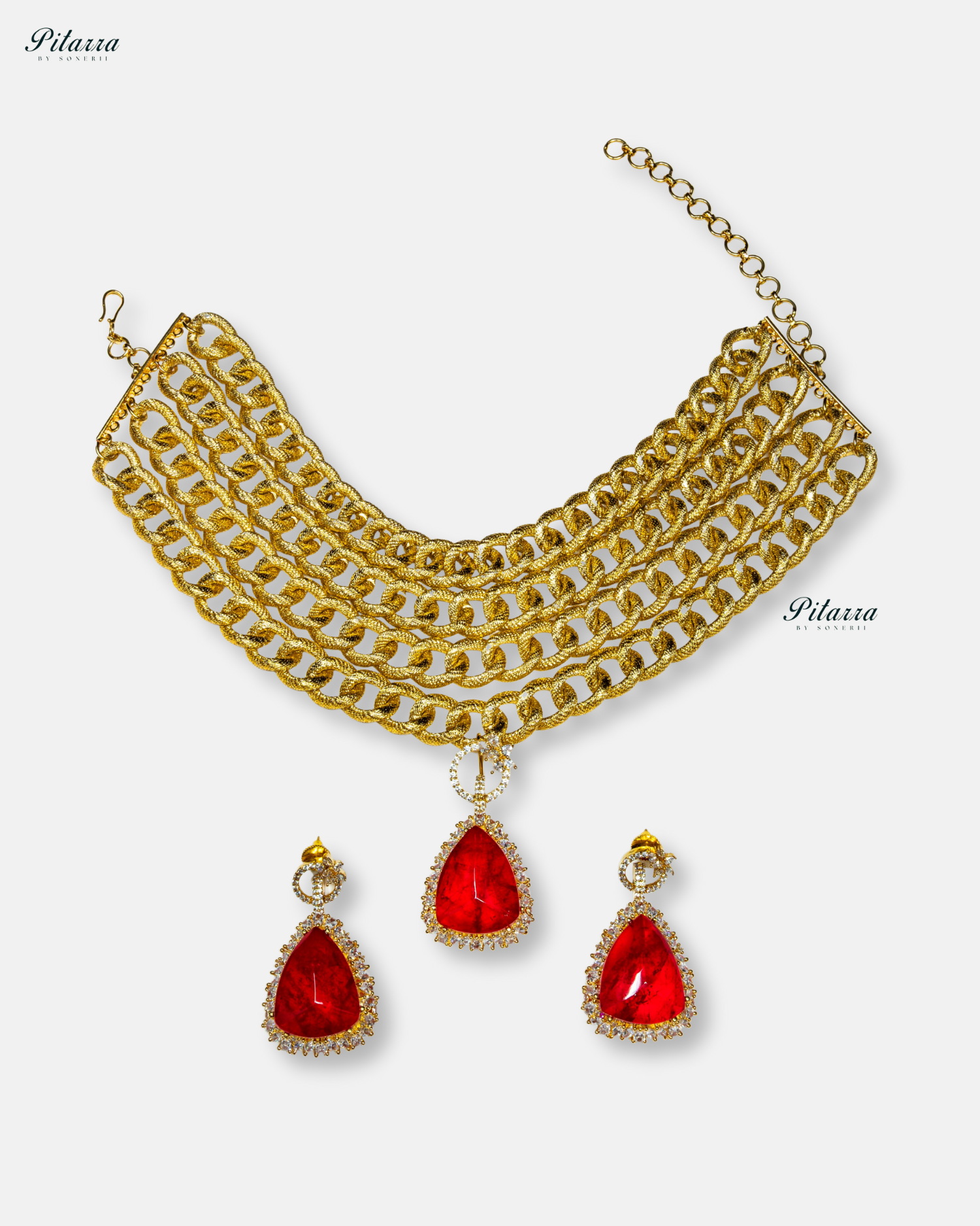 Golden Multilayered Red Stone Statement Pendant Chain Choker