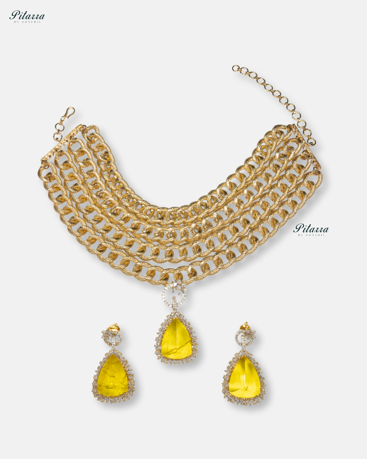 Golden Multilayered Yellow Stone Statement Pendant Chain Choker