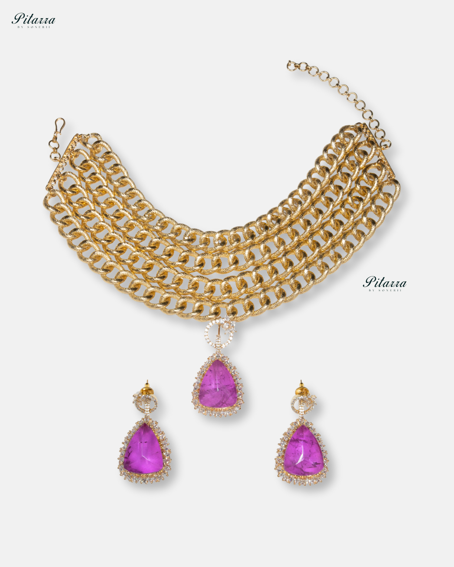 Golden Multilayered Purple Stone Statement Pendant Chain Choker