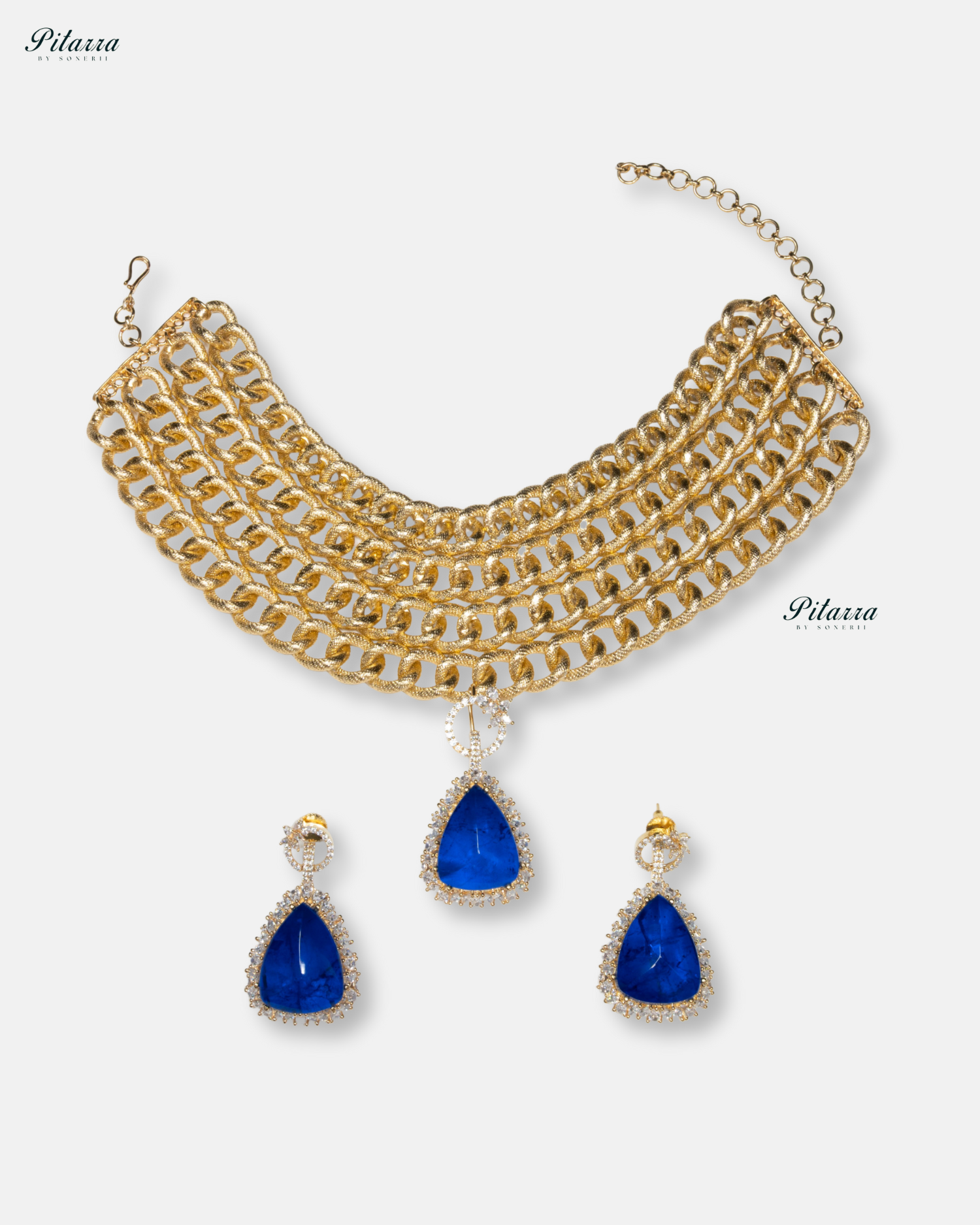 Golden Multilayered Navy Blue Stone Statement Pendant Chain Choker