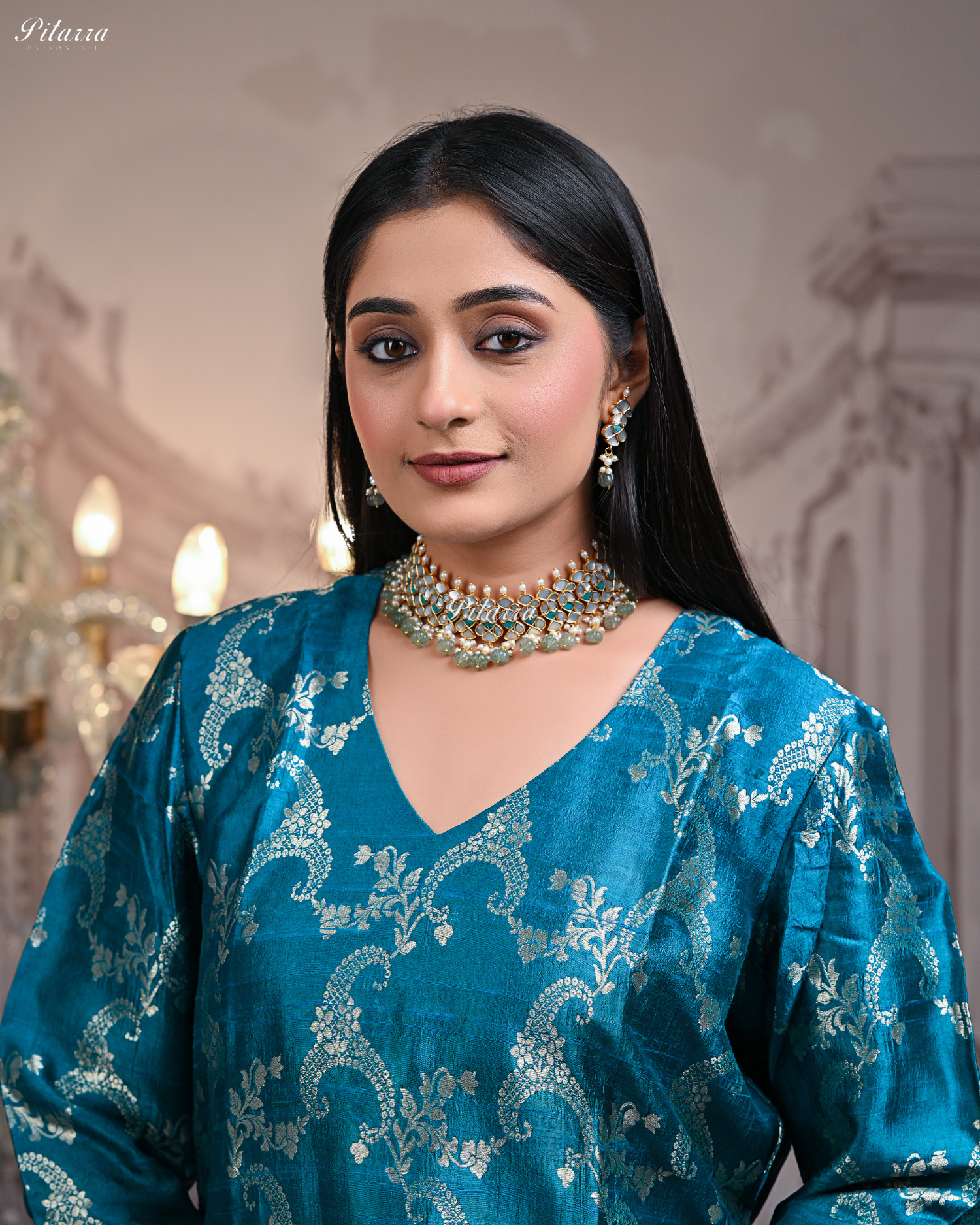 Green Beads Gold Finish Traditional Kundan Choker Set