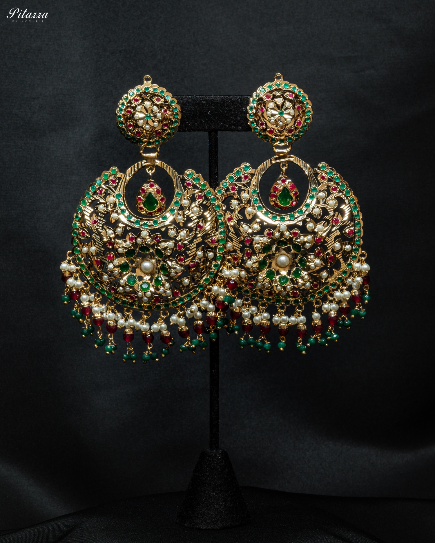 Green Stone Studded Punjabi Jadau Chandbali Earrings