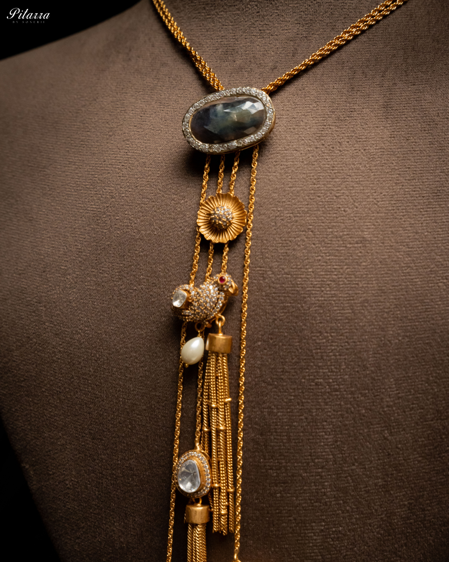 Gold Tone Chain Blue Stone Necklace Set
