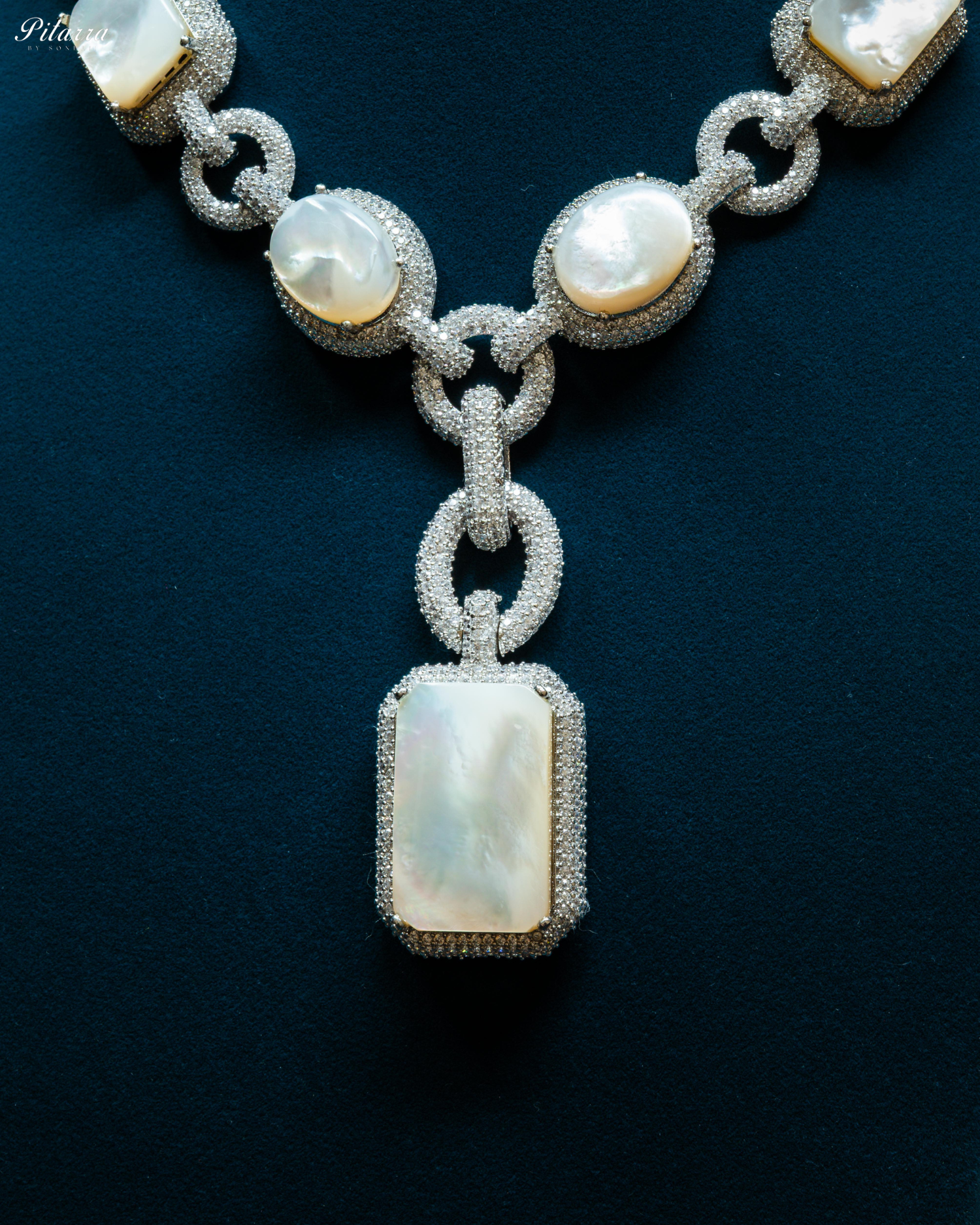 White Stone Silver Chain Long Necklace Set