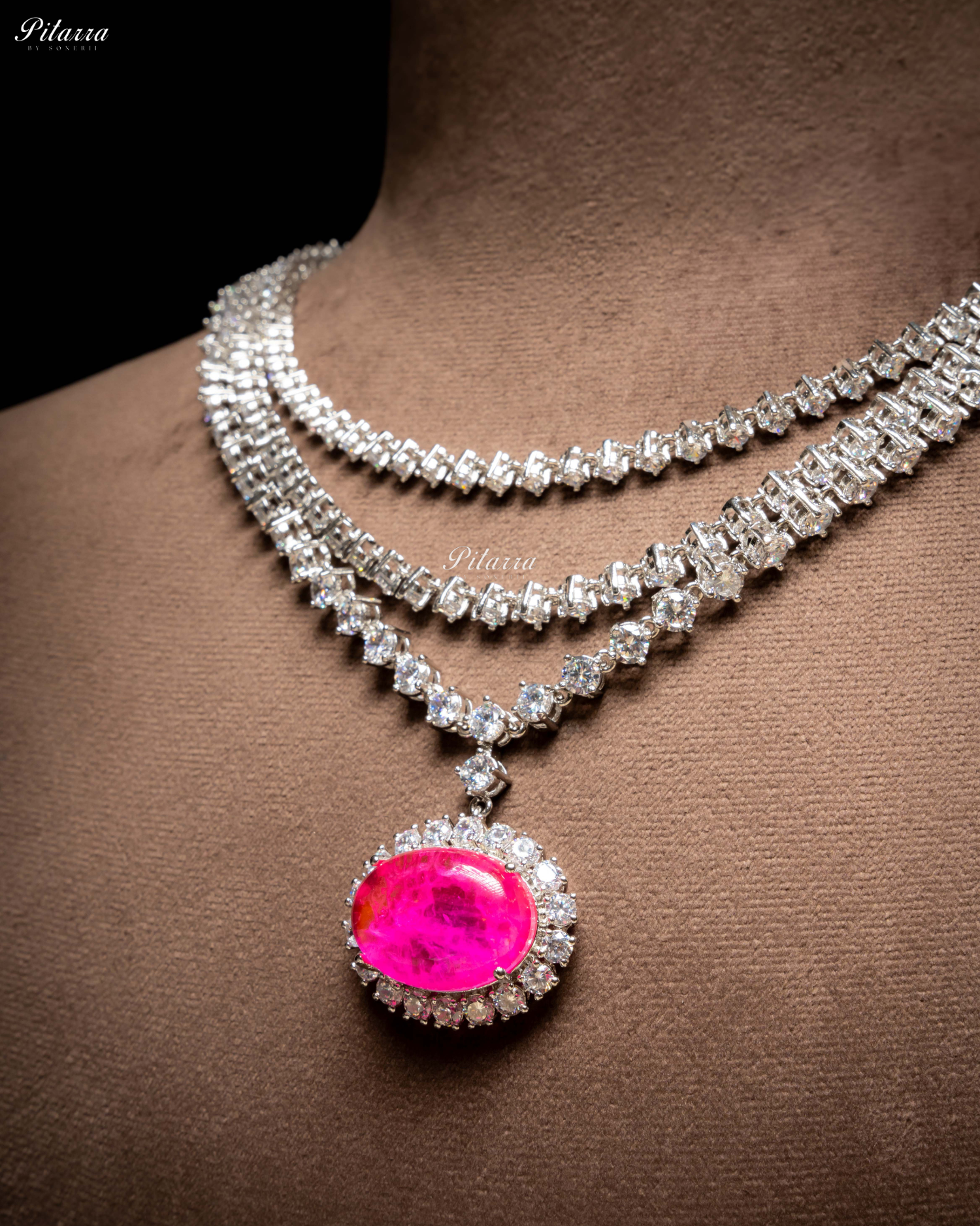 Pink Stone Cubic Zirconia Silver Necklace Set