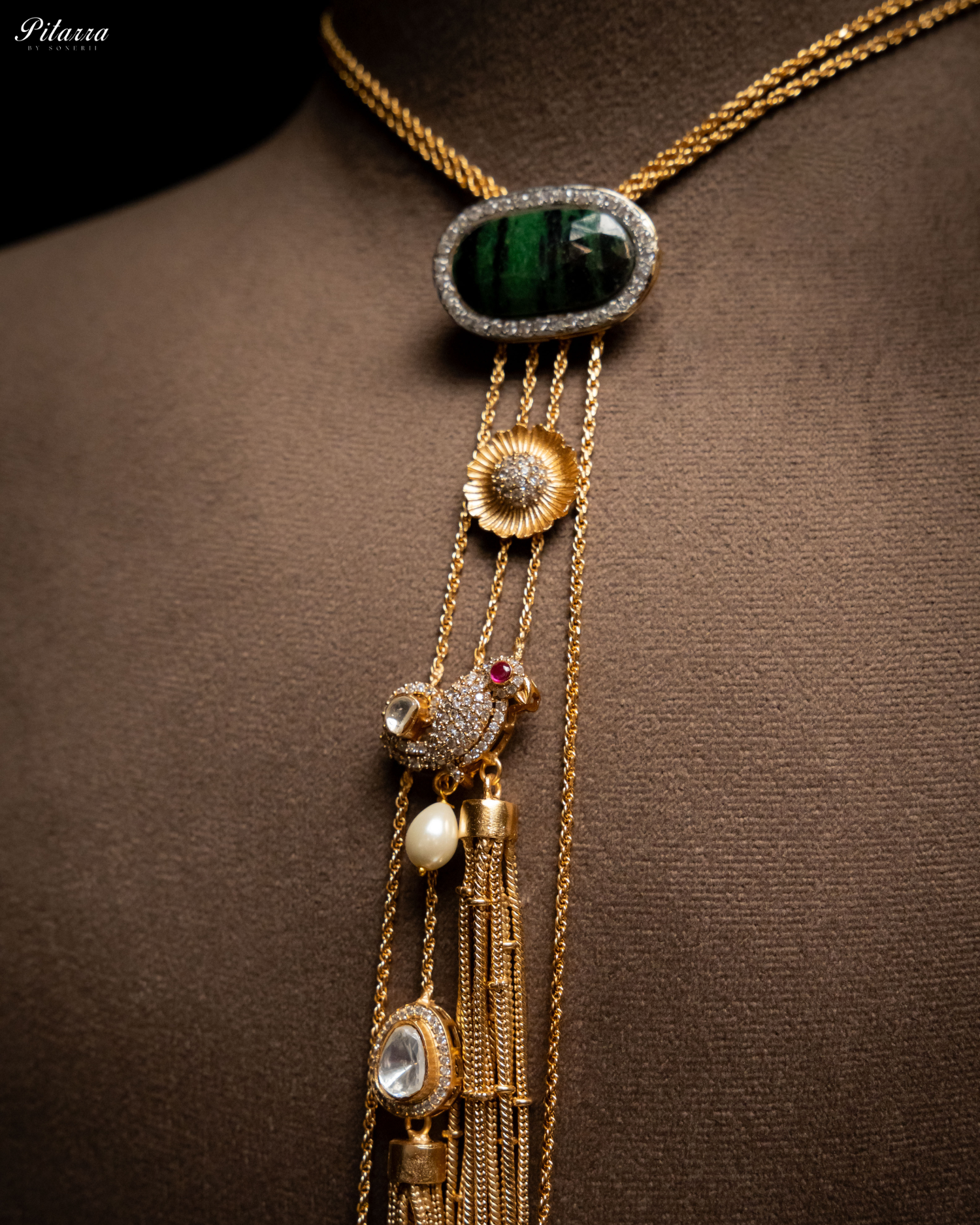 Gold Tone Chain Green Stone Necklace Set