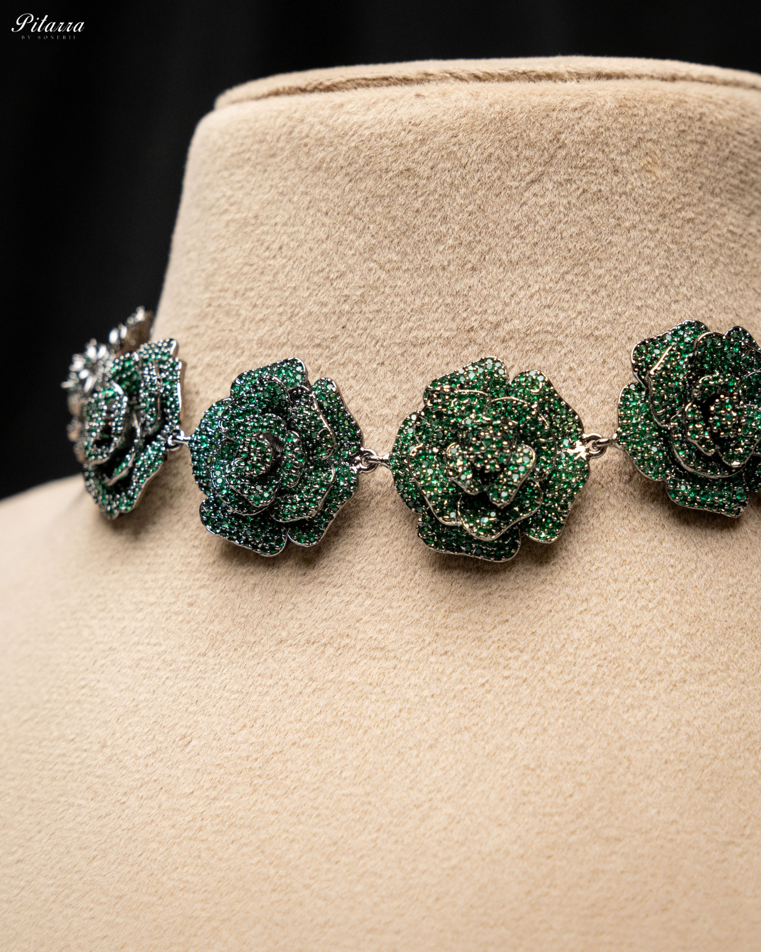 Green Tone Flower CZ Choker Set with Ring