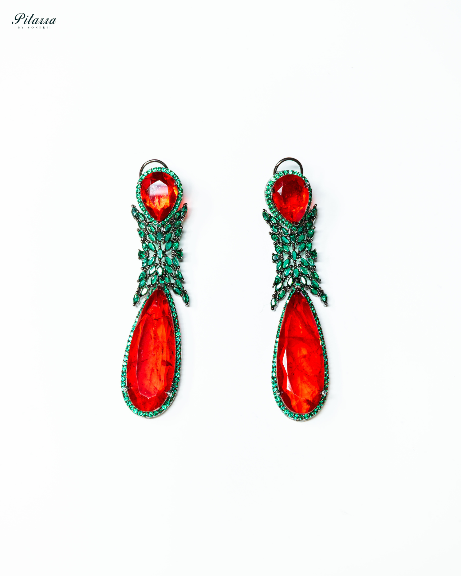 Red Stone Green Finish Contemporary Drop Earrings