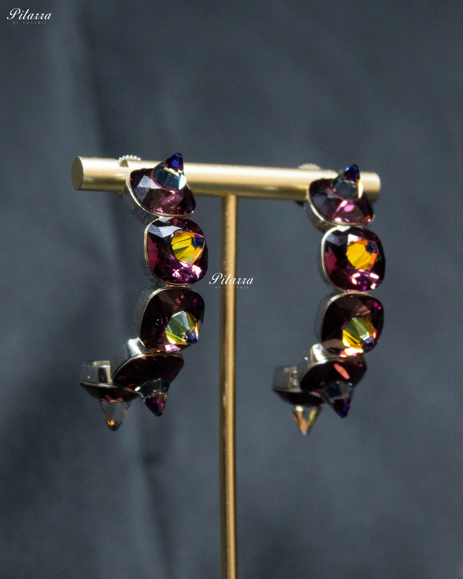 Wine Red Stone Pyramid Cut Crystal Dangle Earrings