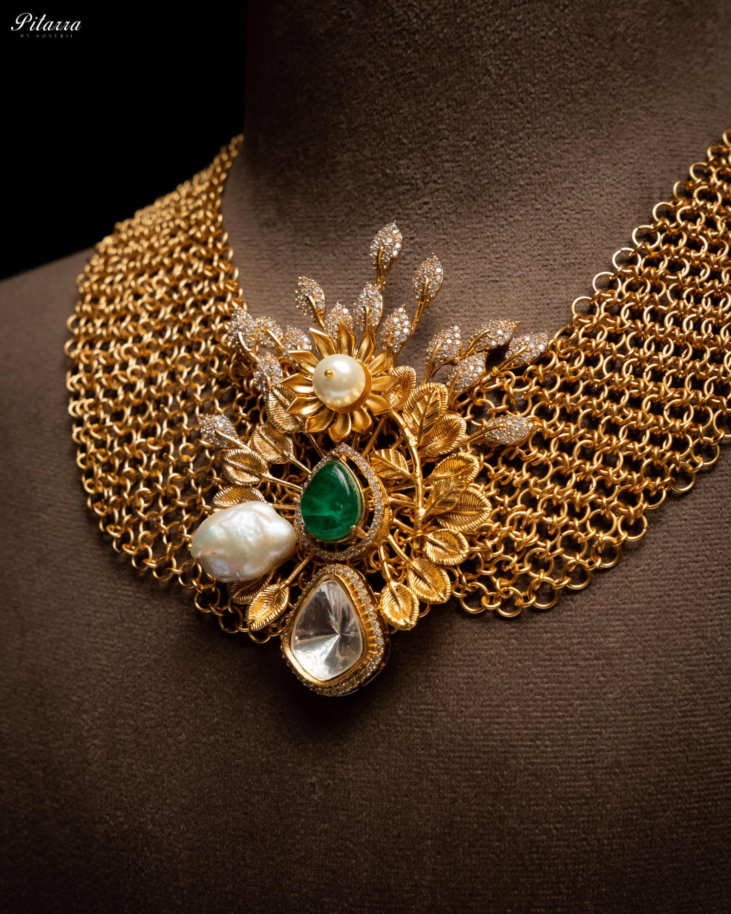 Antique Finish Golden Leaf Stone Kundan Set
