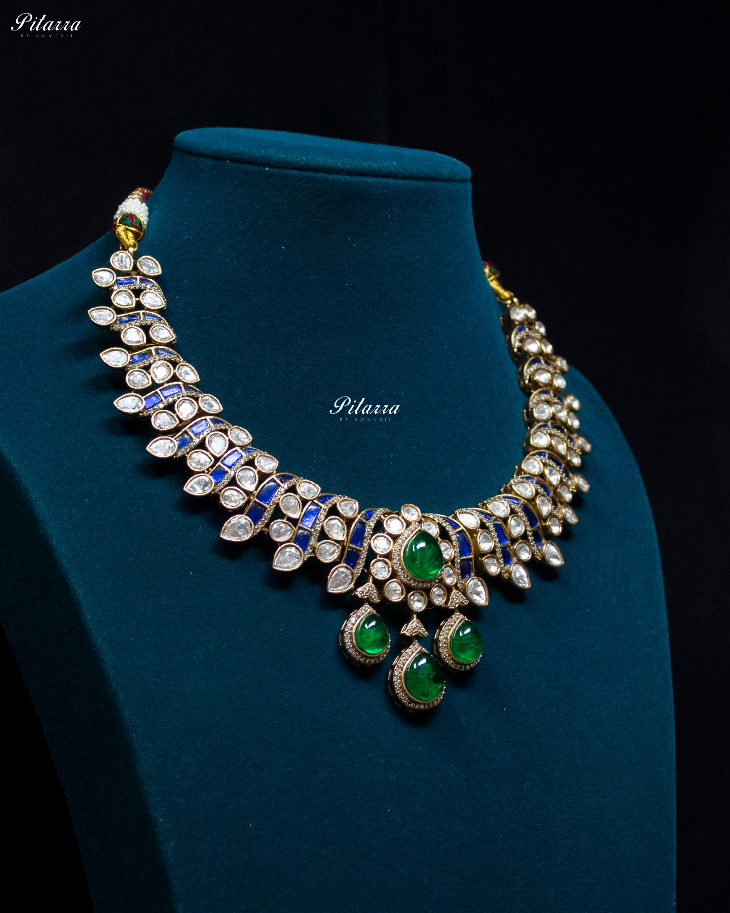 Emerald Drop Blue Line Victorian Polki Kundan Necklace Set