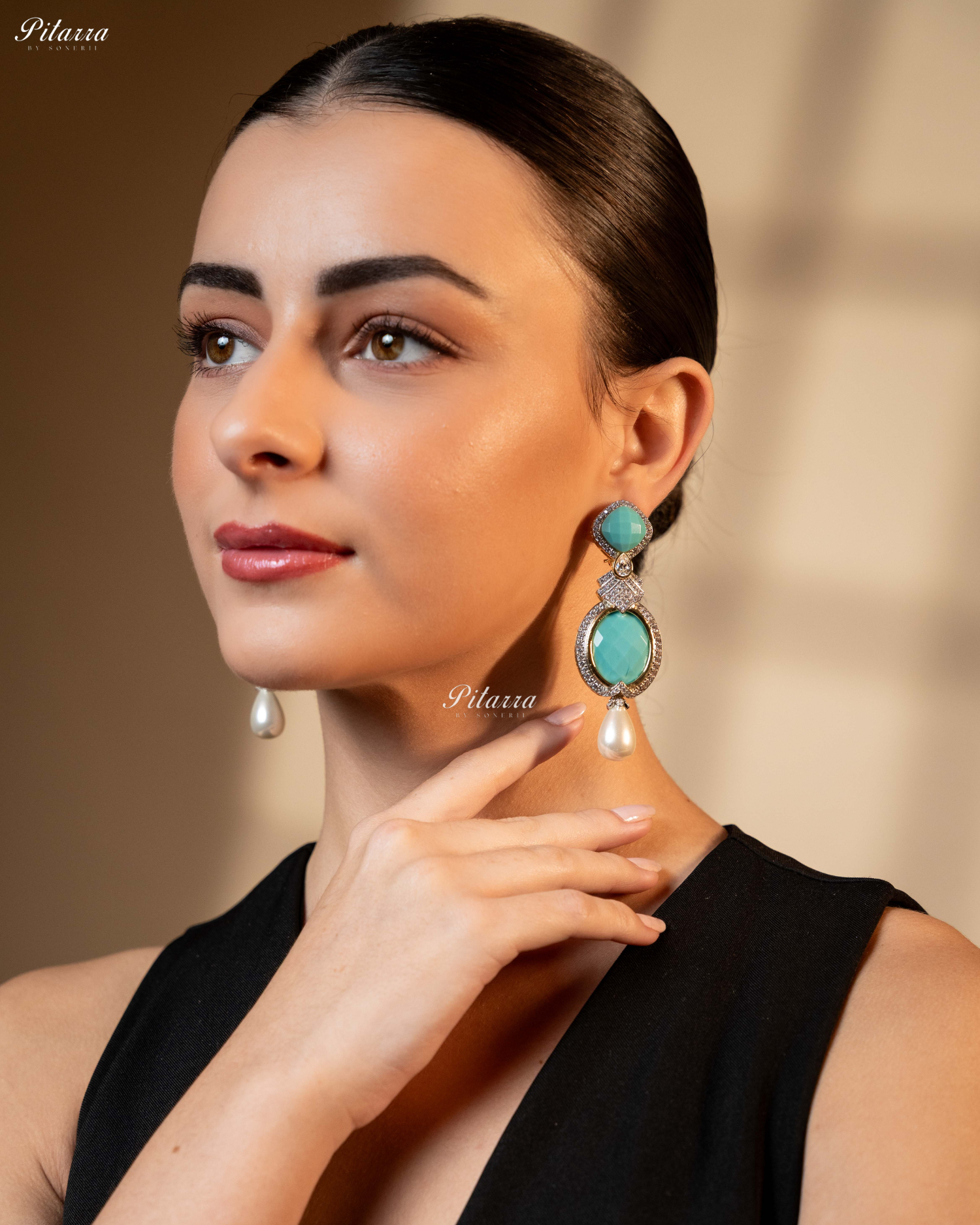 Turquoise Blue Pearl Stone Silver CZ Dangler Earrings