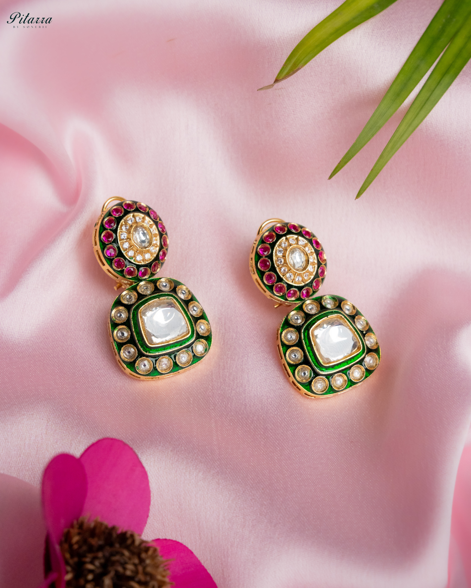Lauren Green Square Polki Earrings Set