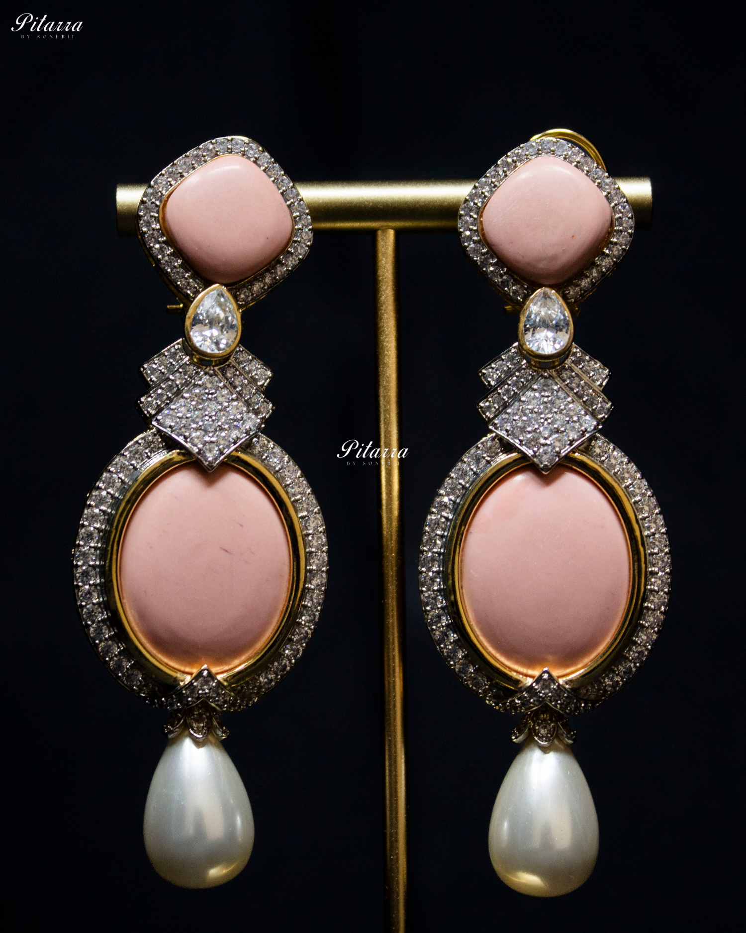 Peach Pearl Stone Silver CZ Dangler Earrings