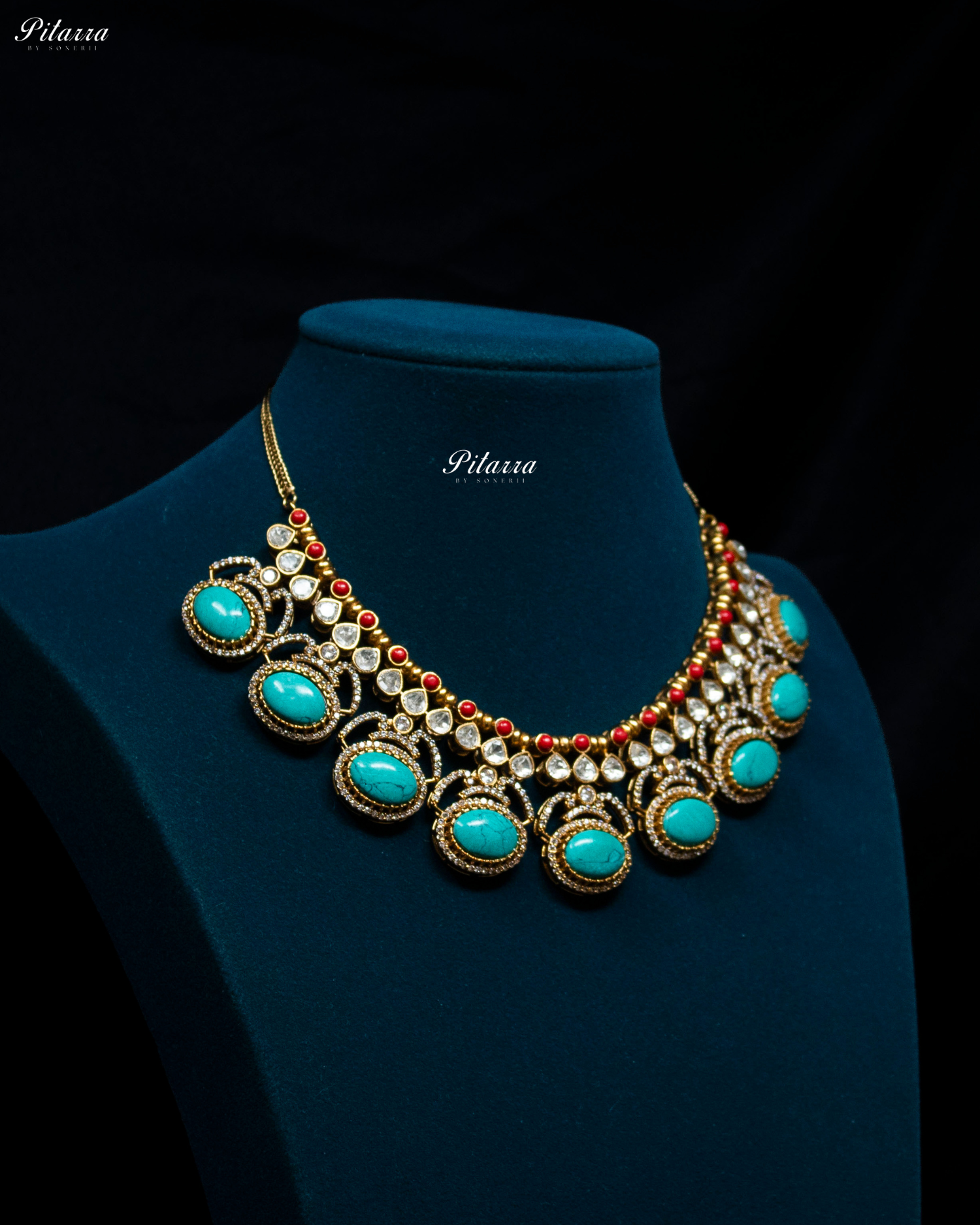 Pitarra Turquoise Blue Stones Moissanite Kundan Necklace Set