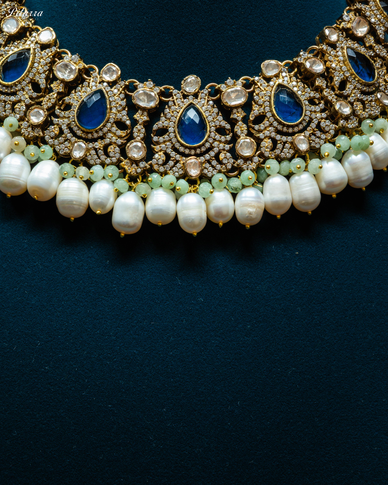 White Pearl Blue Stone Pitarra Kundan Necklace