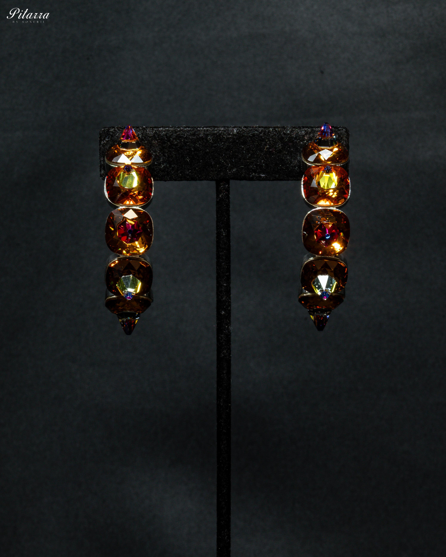 Gold Stone Pyramid Cut Crystal Dangle Earrings
