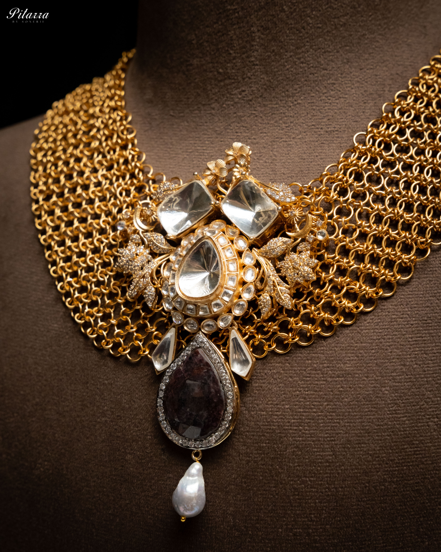 Antique Finish Brown Crystal Stone Kundan Set