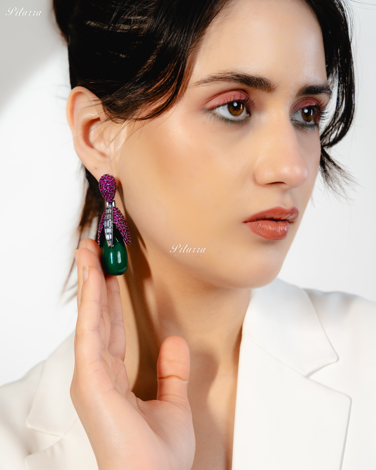 Pink Leaf Emerald Teardrop CZ Crystal Earrings