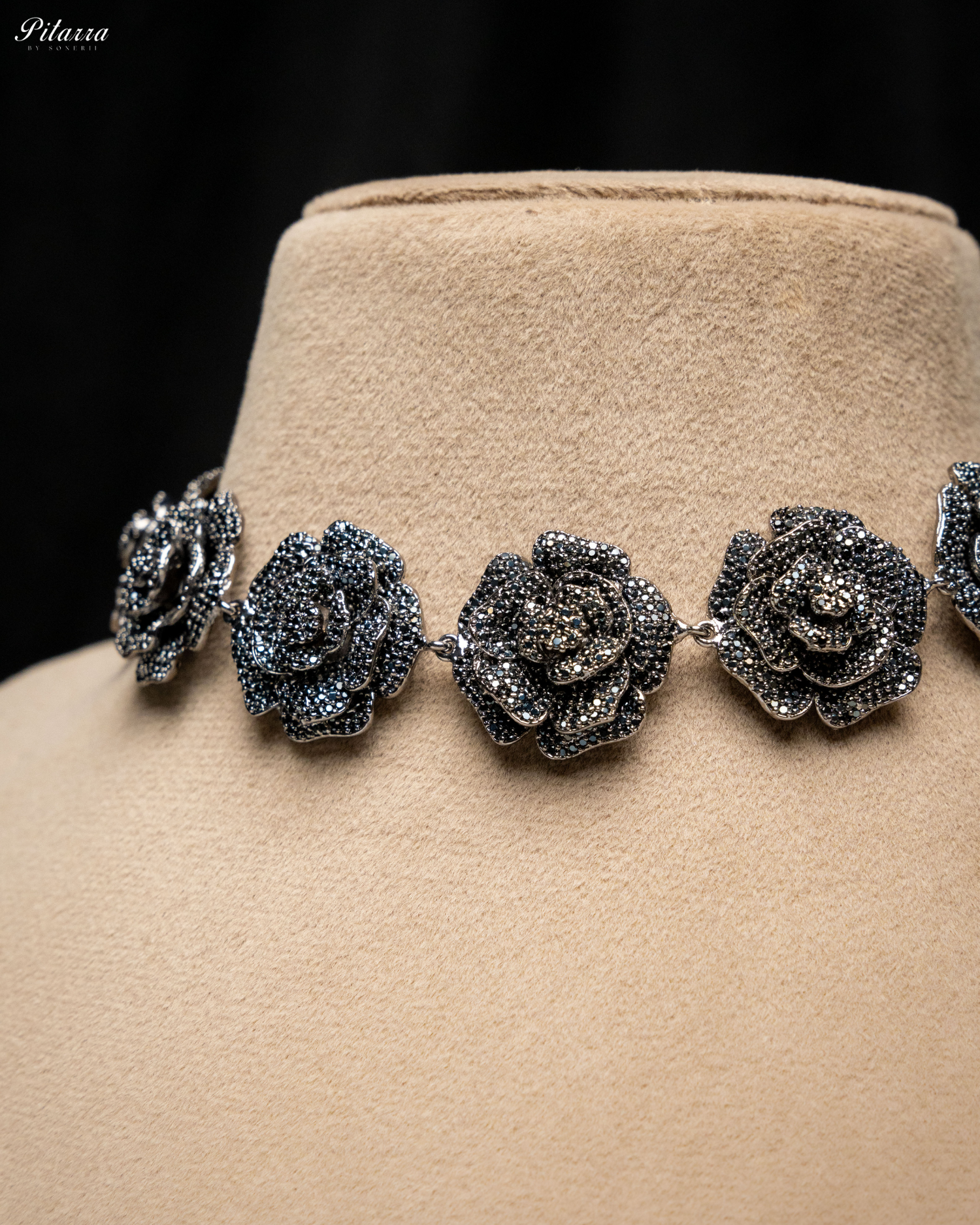 Black Tone Flower CZ Choker Set with Ring