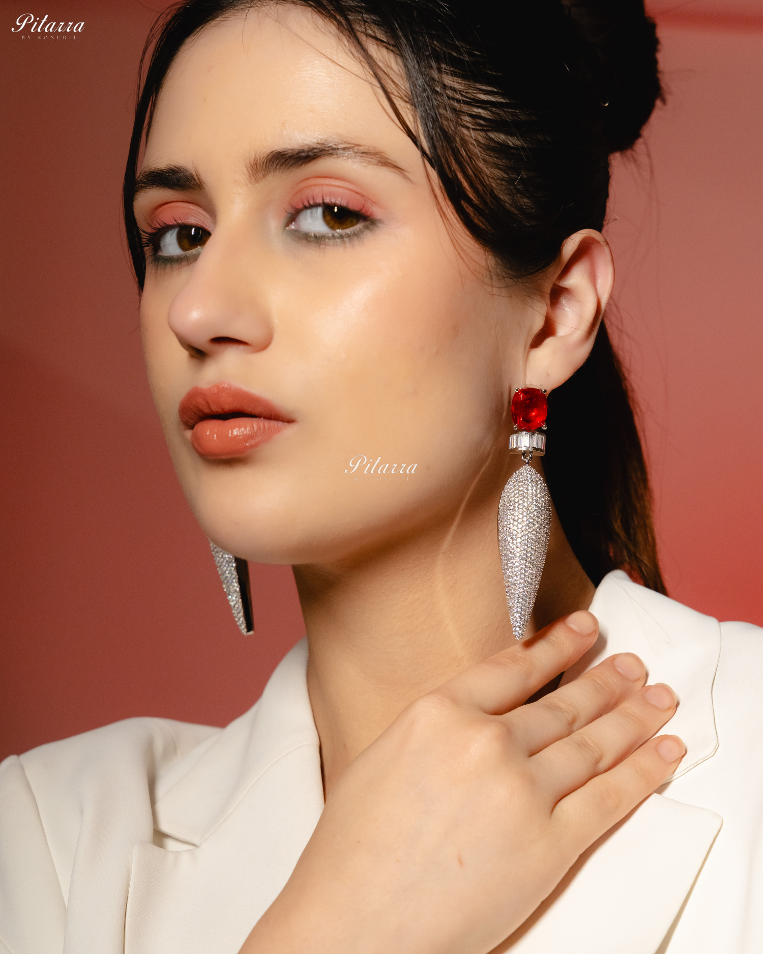 Red Stone Shiny Teardrop Doublet Dangler Earrings