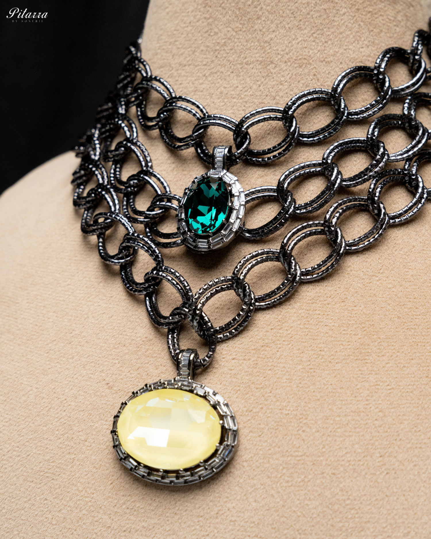 Yellow and Green Statement Pendant Chain Choker