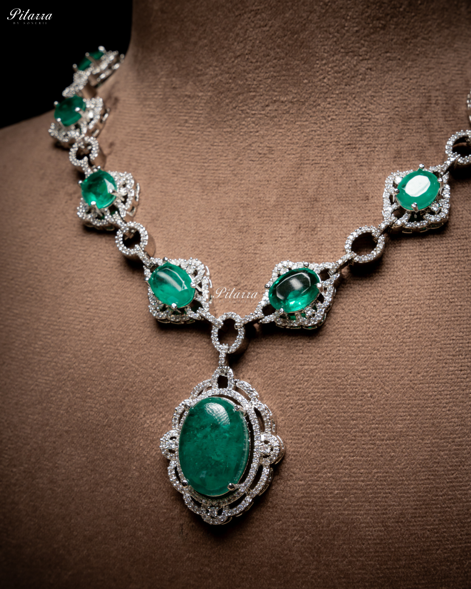 Emerald Stone Silver Finish Tone Crystal Necklace Set