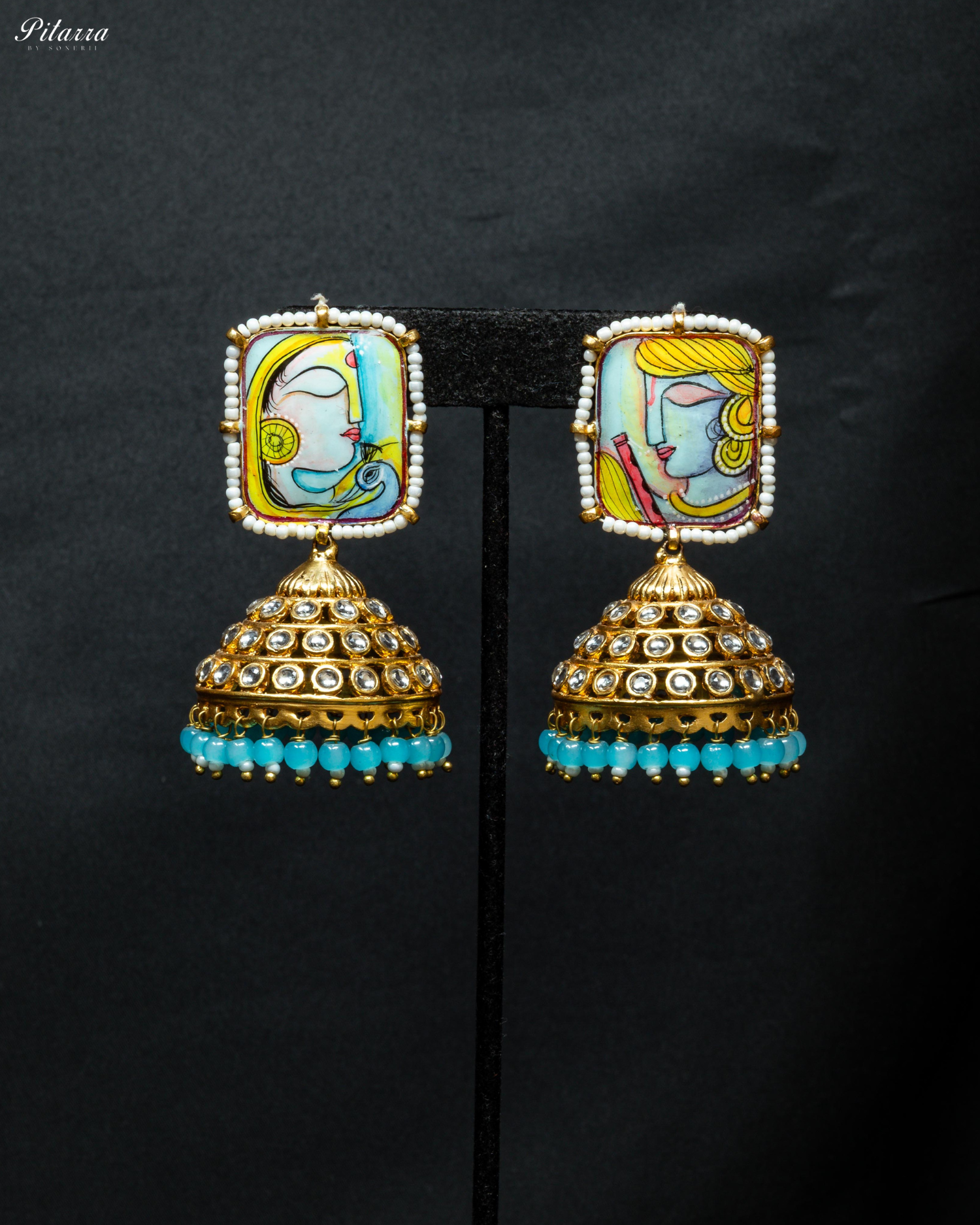 Anuradha Blue Art Golden Jhumka Earrings