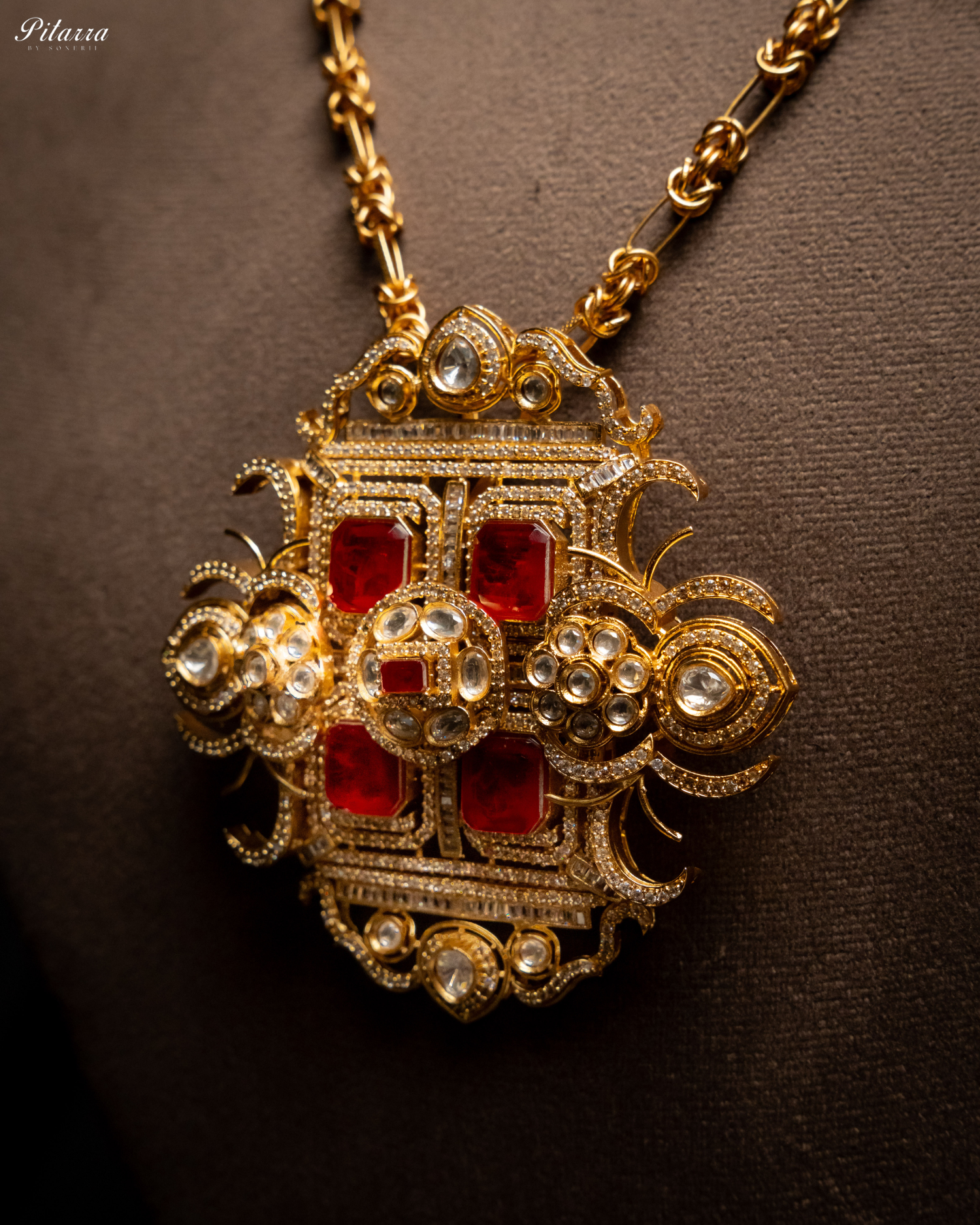 Red Moissanite Stone Long Necklace Set