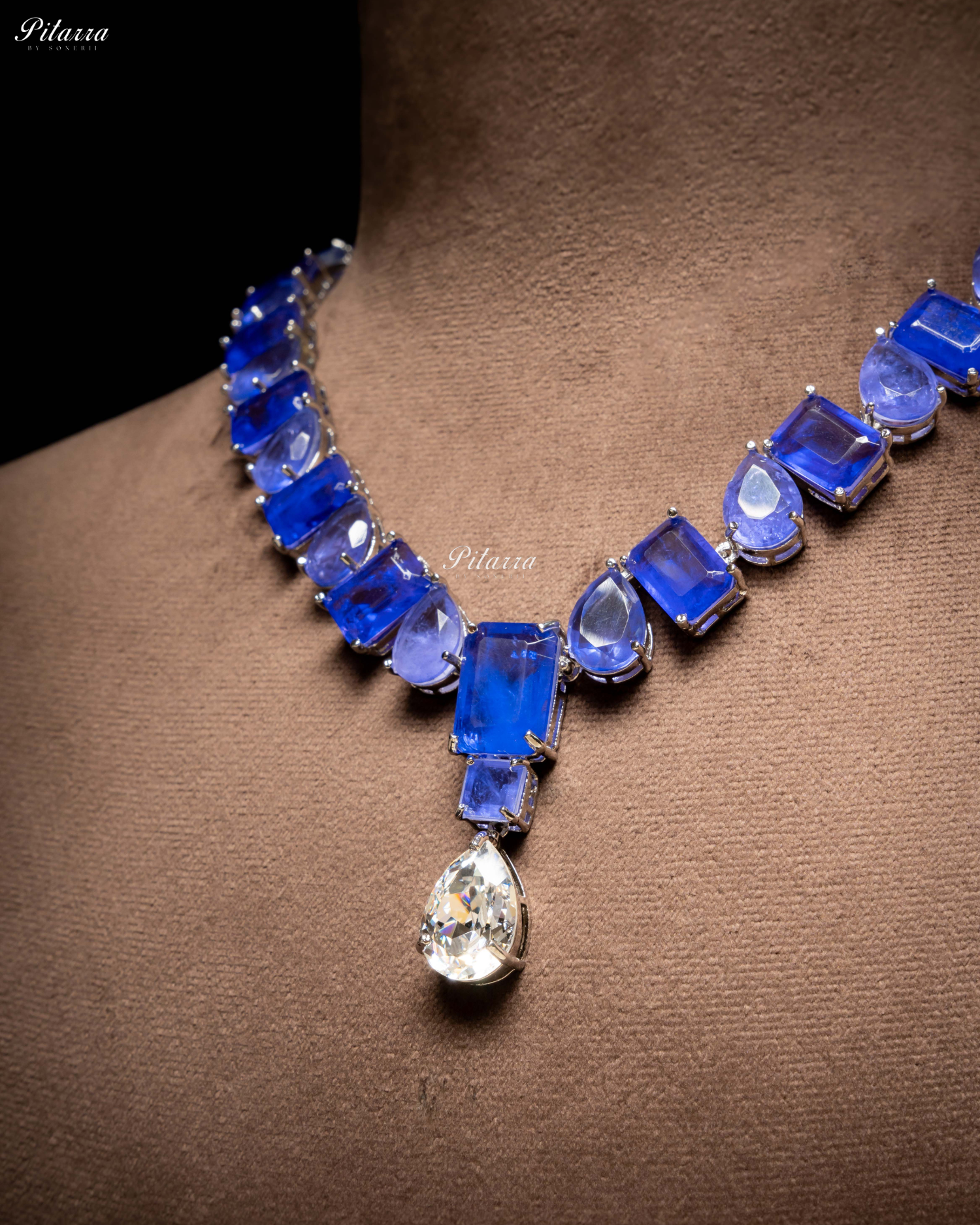 Blue Square and Drop Crystal Necklace Set