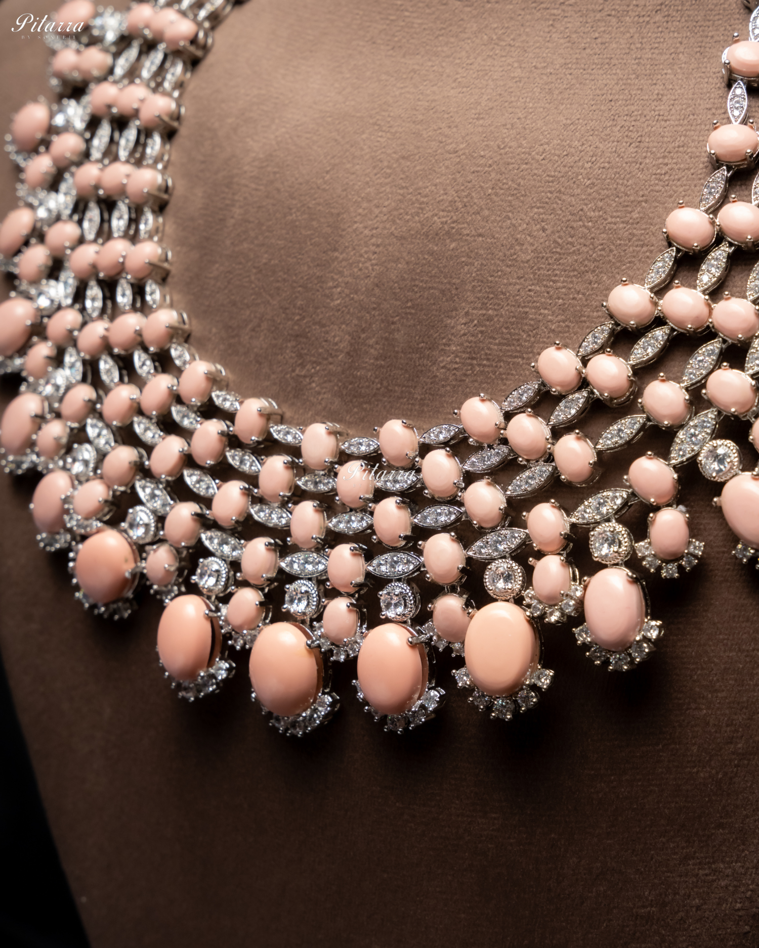 Peach Stone Silver Multi Layer CZ Necklace Set