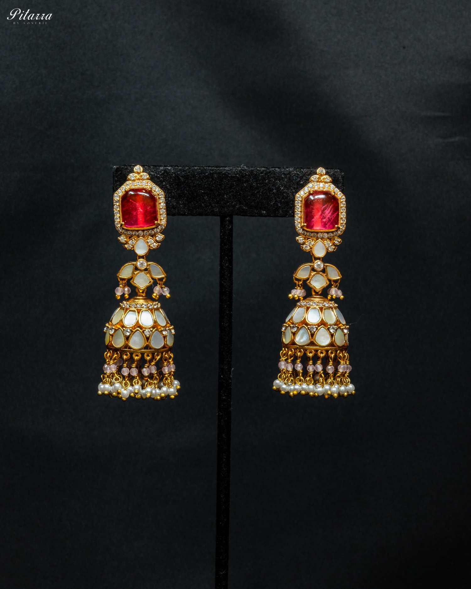 Gold Plated Red Kundan Jhumka Earrings