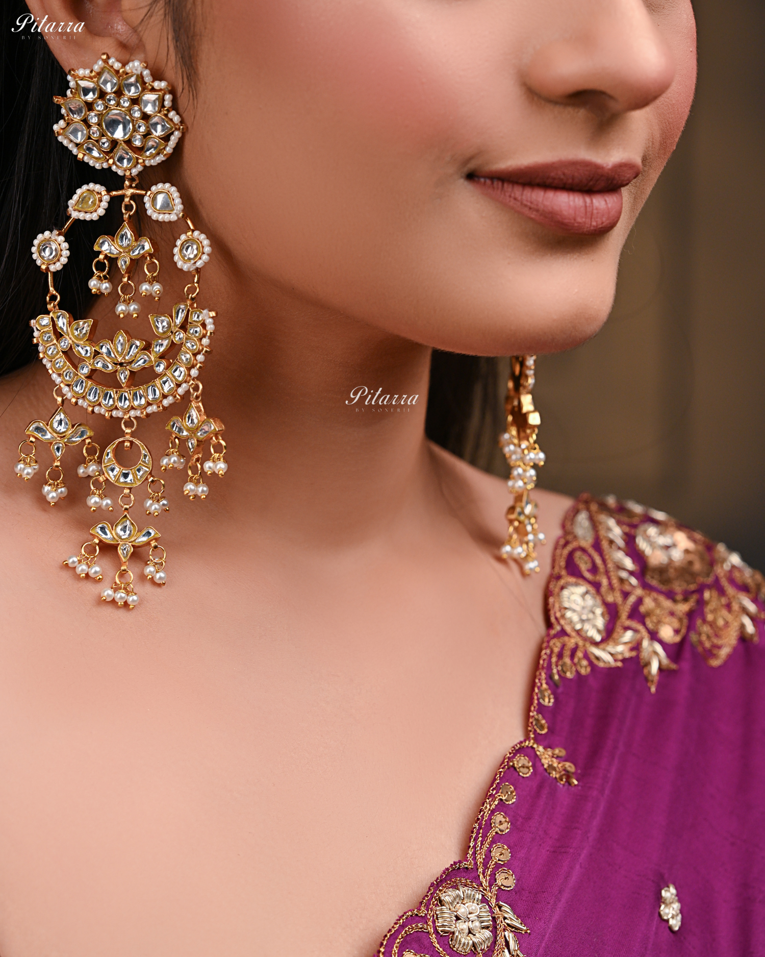 White Colour Gold Plated Kundan Chandbali Earrings