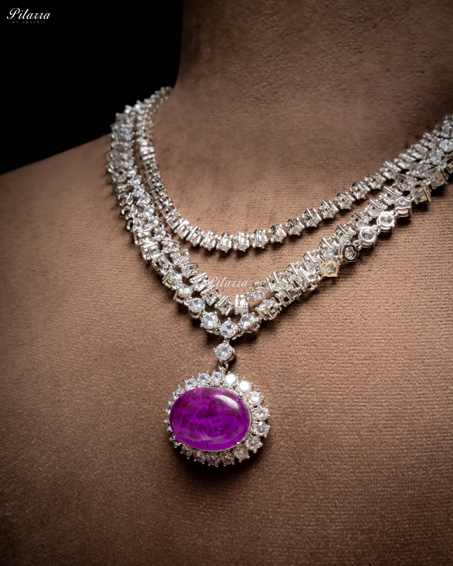 Purple Stone Cubic Zirconia Silver Necklace Set