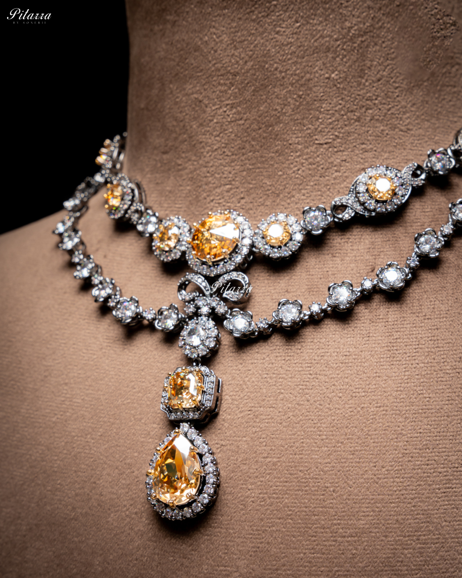 Yellow Two Layer Silver CZ Necklace Set