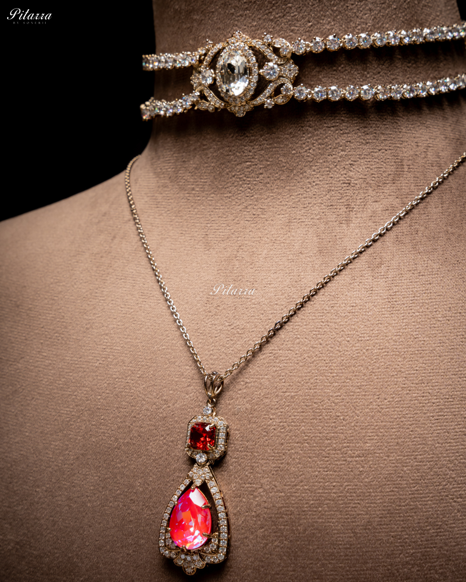 Red Stone Layered Zircon Necklace Set