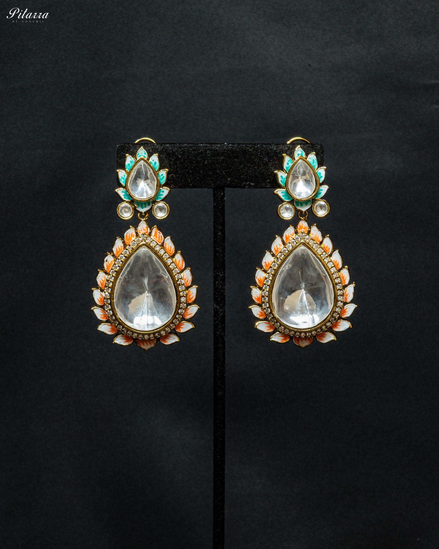 Pitarra Orange Polki Kundan Dangle Earrings