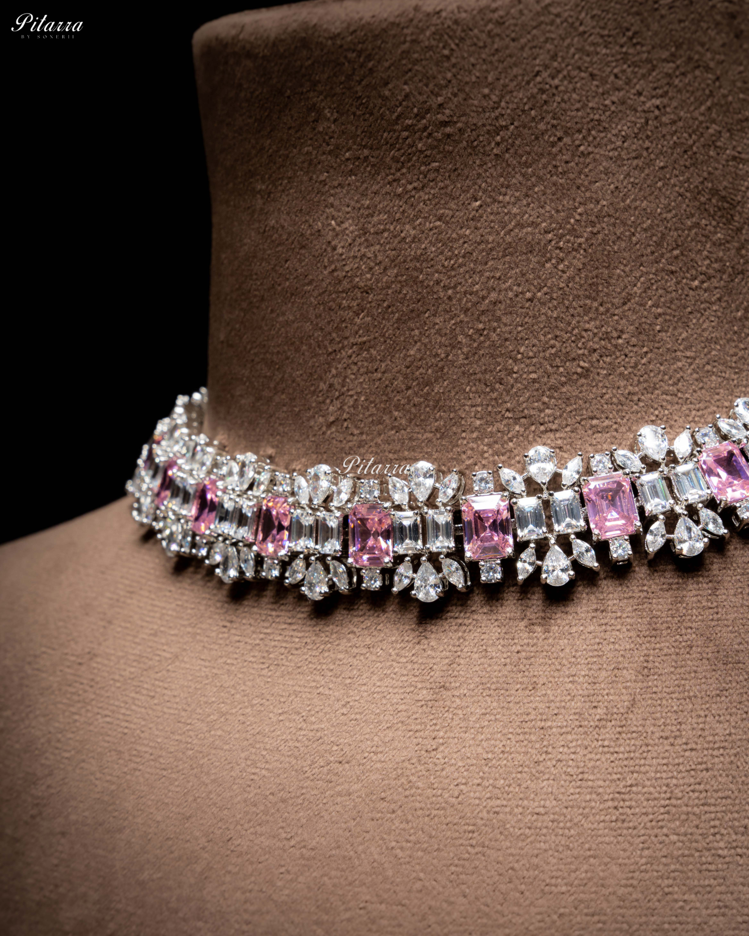 Pink Stone Silver Plated CZ Necklace Set